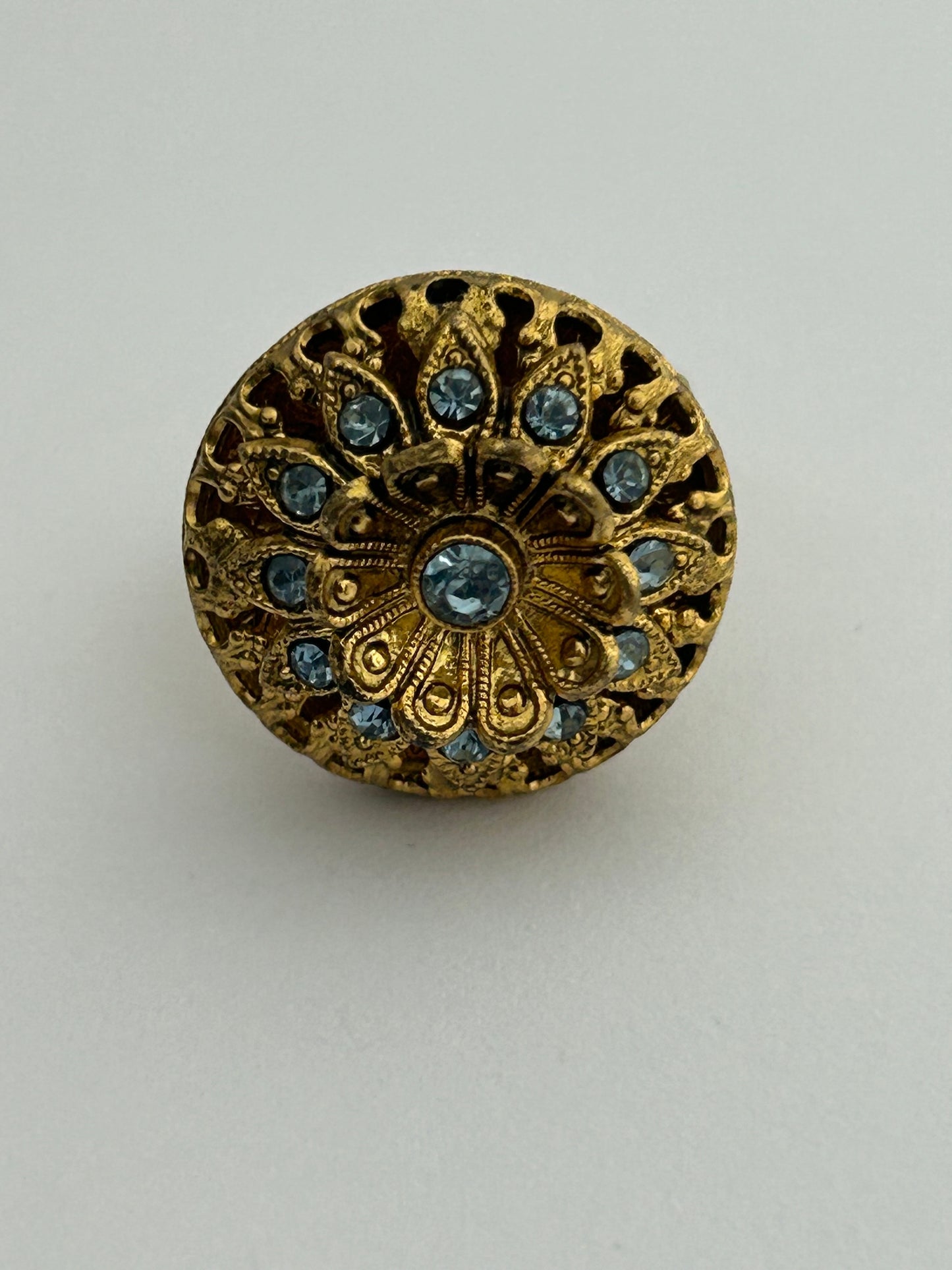 Vintage Gold Tone Base Metal & Blue Diamante Set Adjustable Ring Up To Size M