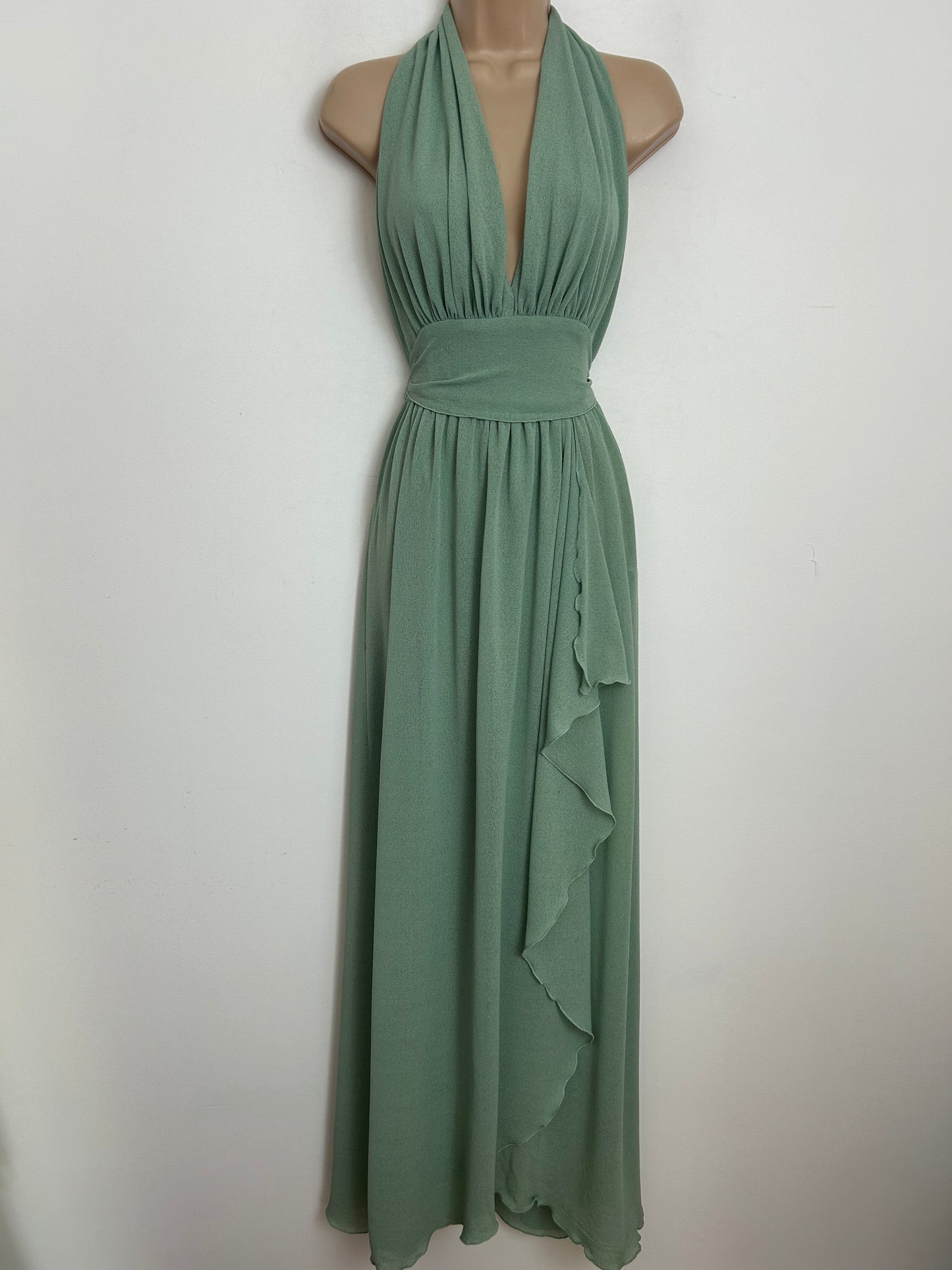 Vintage 1970s Size 10 PETER BARRON Sage Green Halterneck Wrap Skirt Maxi Dress
