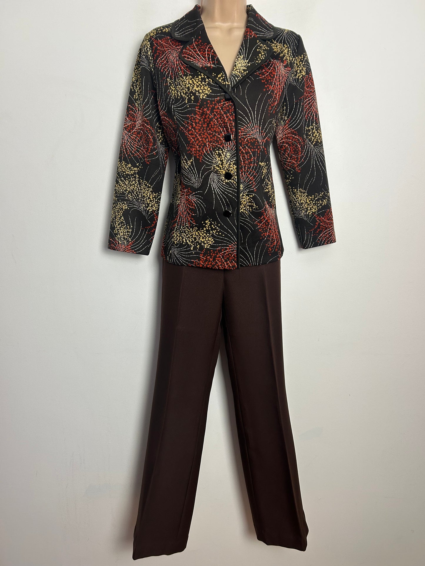 Vintage 1960s UK Size 10-12 Brown Beige & Rusty Orange Abstract Print Long Sleeve Shirt/Top
