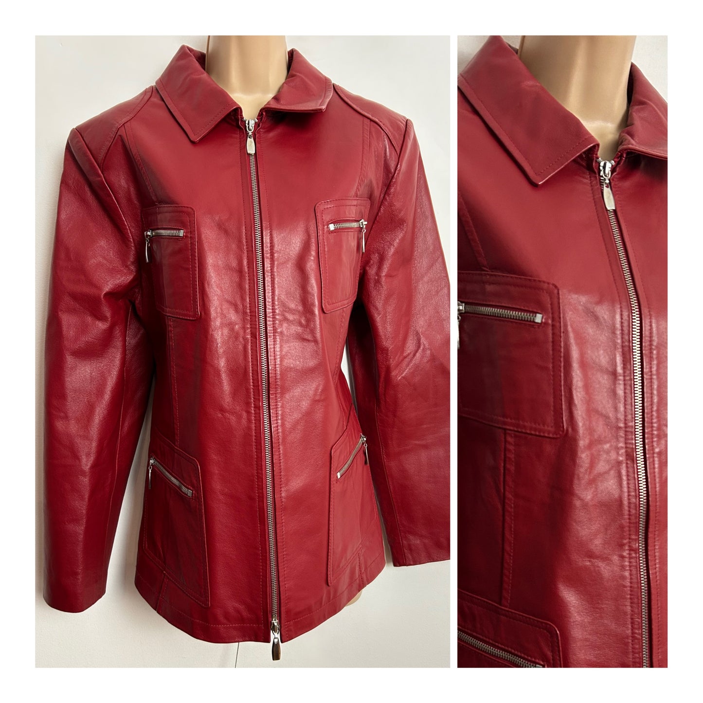 Vintage Late 1980s UK Size 14-16 Red Leather Zip Fronted Pocket Detail Jacket