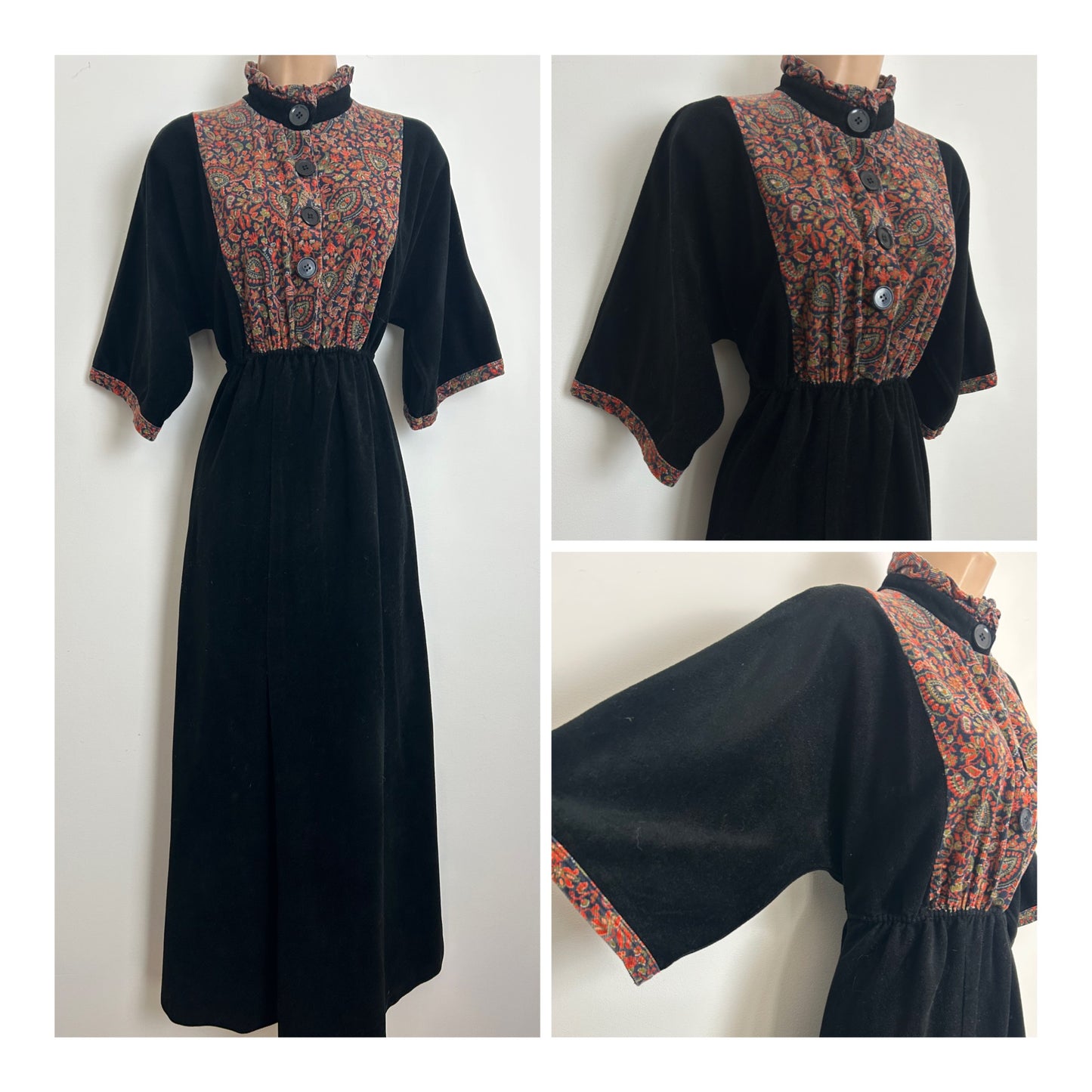 Vintage 1970s Size 8 Black Blue & Orange Cord Panel Short Wide Sleeve Boho Prairie Velour Maxi Dress