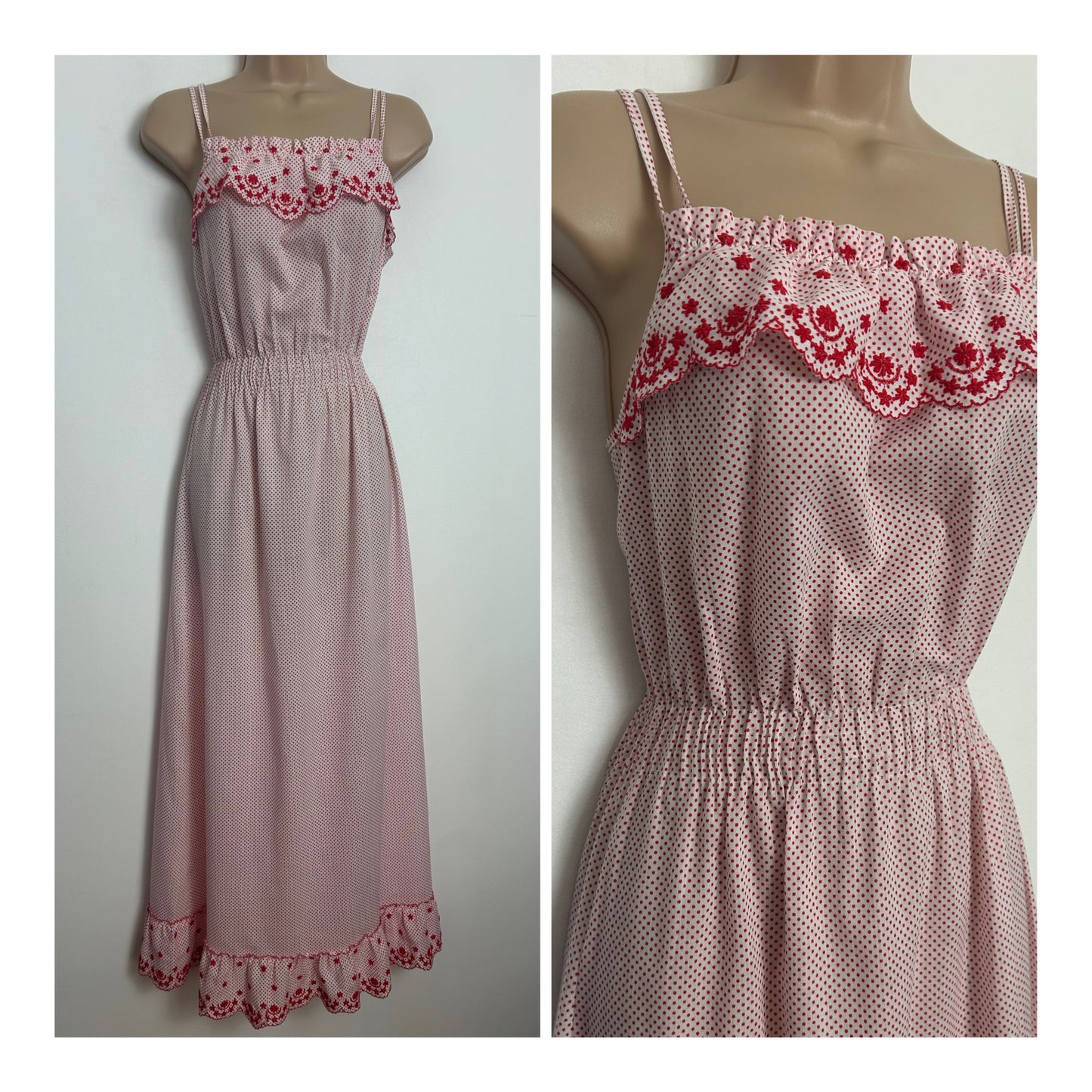 Vintage Size 10 White & Red Polka Dot Double Strap Cotton Nightdress