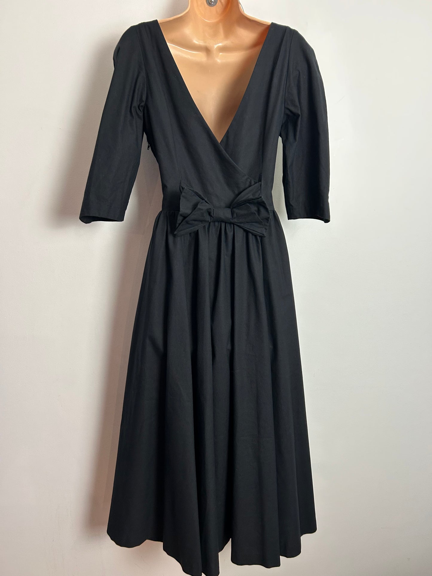 Vintage 1980s LAURA ASHLEY UK Size 12 (14 On Label) Black Surplice Bow Back Dress
