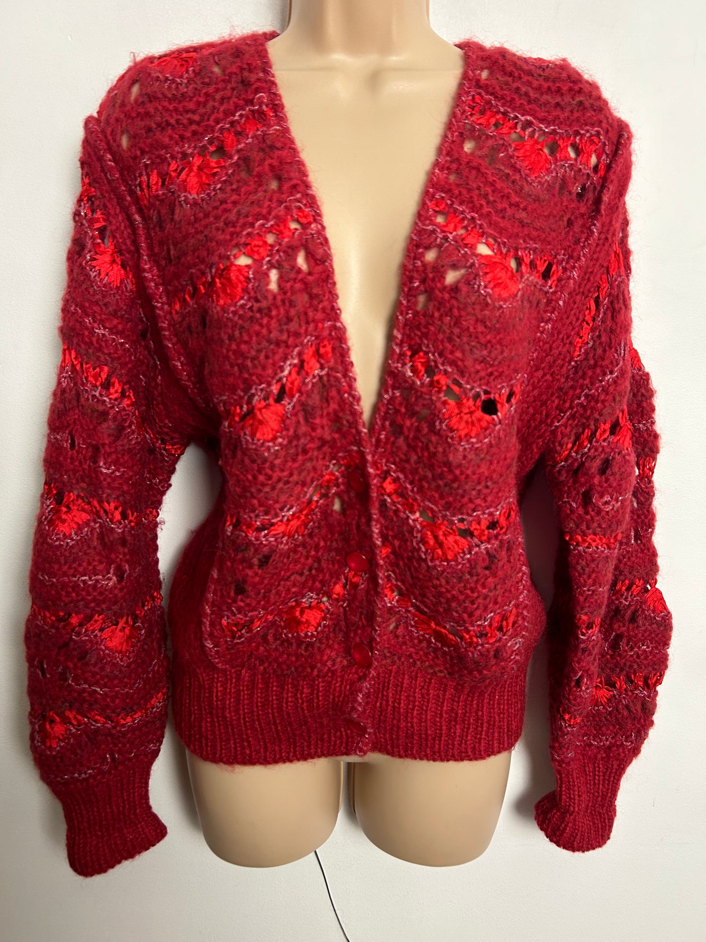 Vintage 1980s UK Size 10-12 Red Mohair & Ribbon Knit Long Sleeve Cardigan