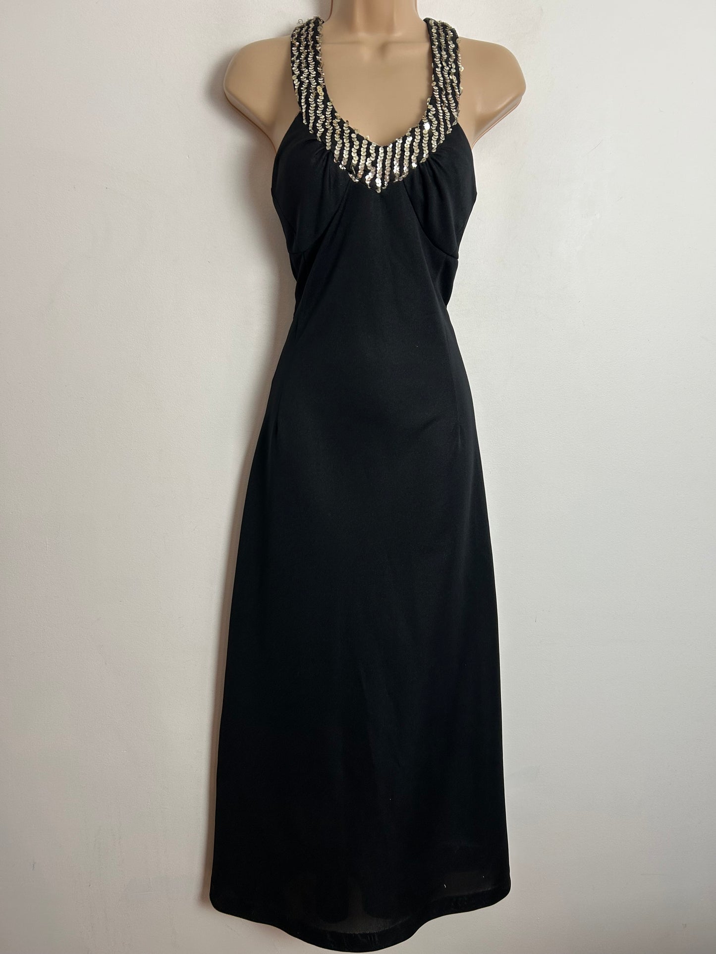 Vintage 1970s PENELOPE PEEP UK Size 6 Black Sequin Embellished Evening Party Maxi Dress