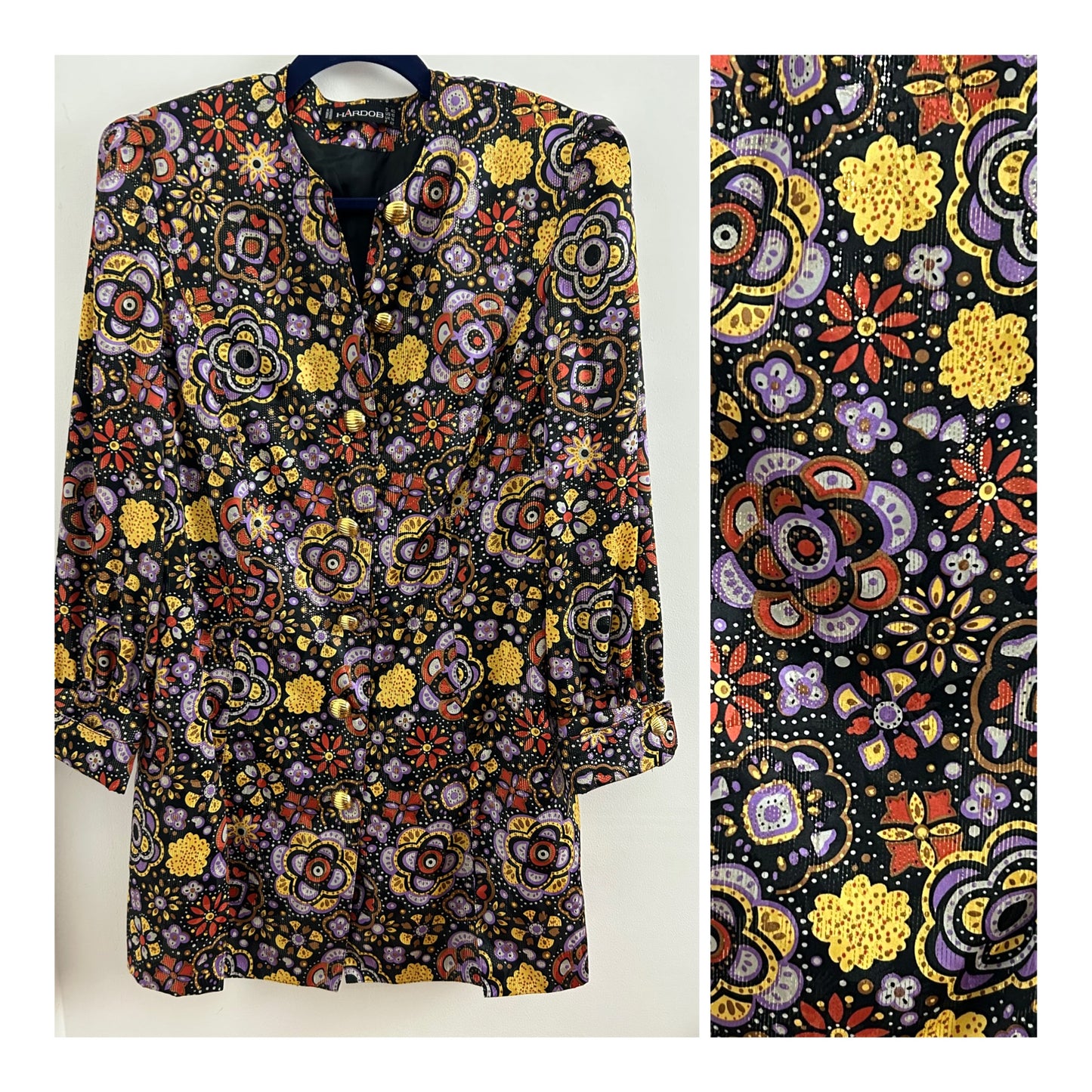 Vintage 1980s HARDOB UK Size 12 Black Lilac Gold & Red Floral Print Lurex Shift Dress/Long Tunic Top