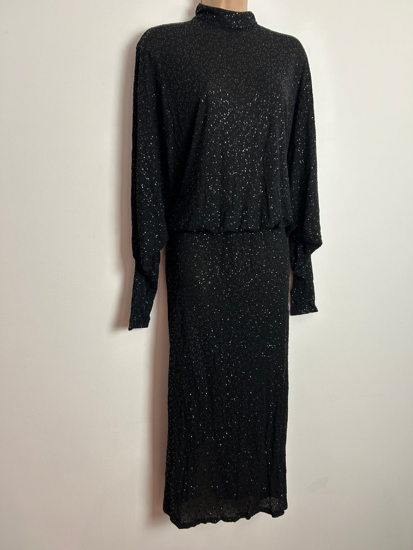 Vintage 1980s WALLIS EXCLUSIVE UK Size 10 Black Sequin Long Bat Wing Sleeve Open Drape Back Evening Party Dress