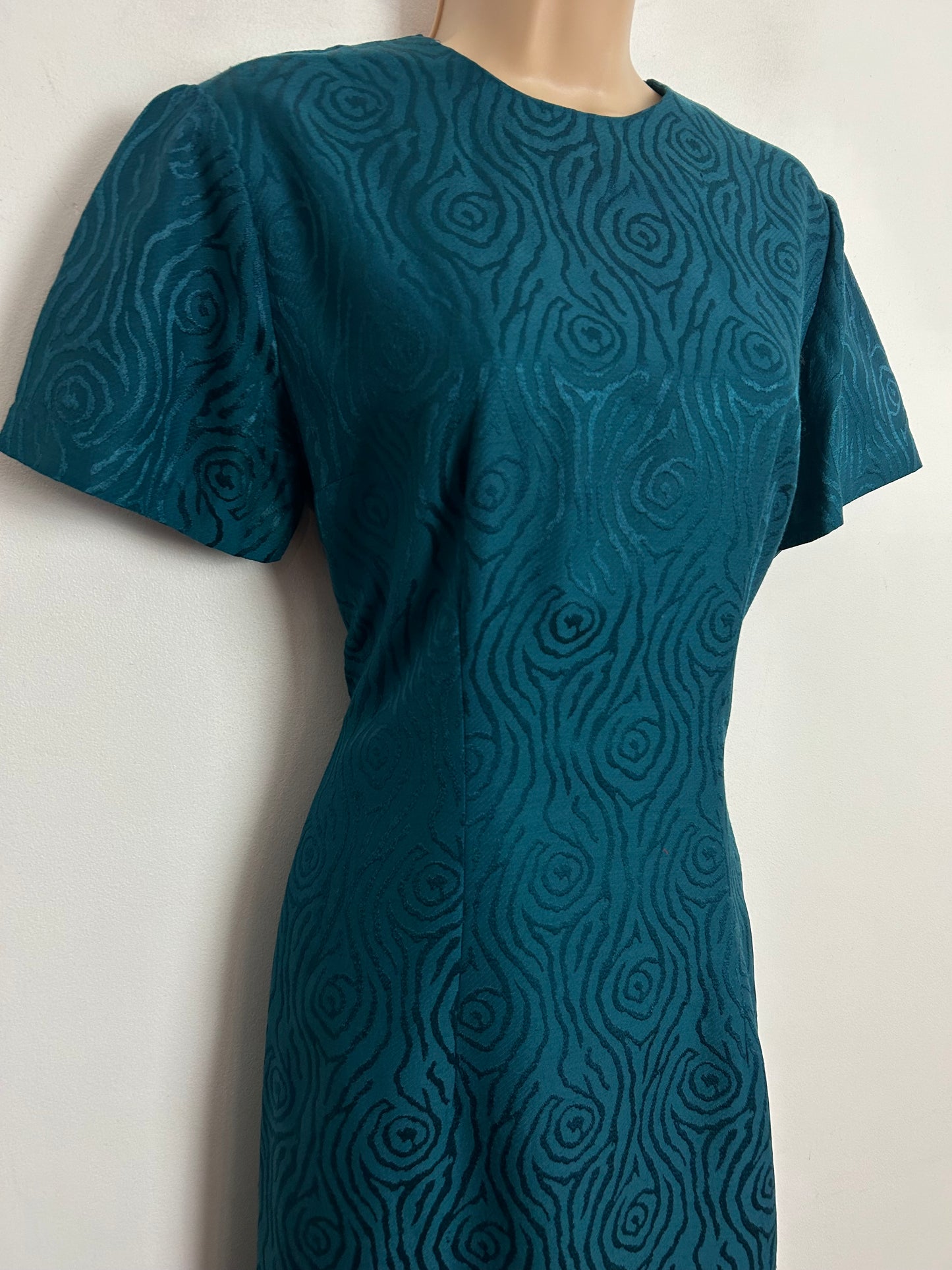 Vintage 1960s UK Size 12 Teal Metallic Abstract Pattern Short Sleeve Mod Shift Dress