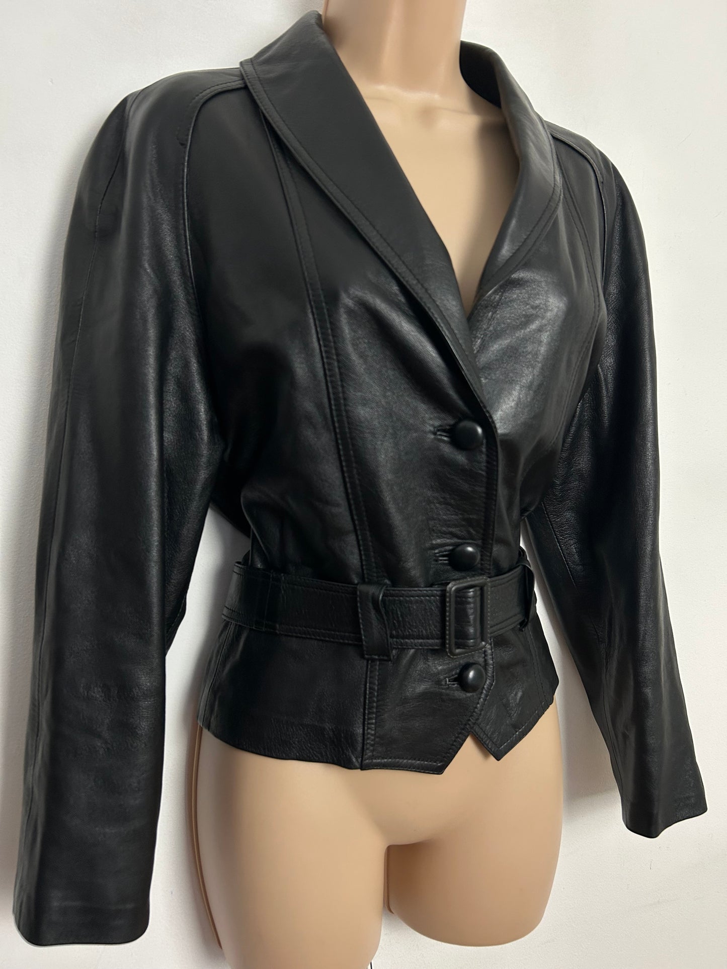 Vintage 1980s UK Size 10-12 Gorgeous Black Soft Supple Real Leather Belted Cropped Jacket