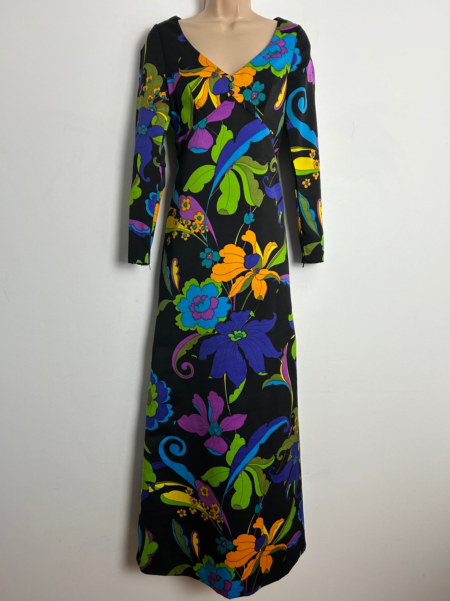 Vintage 1970s UK Size 8-10 Black Vibrant Multicolour Floral Print Long Sleeve Maxi Dress