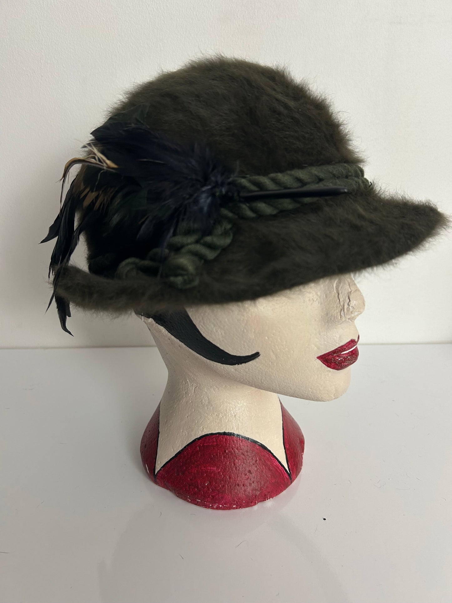 Vintage Dark Moss Green Angora Mix Rope Braid & Feather Trim Trilby Style Hat