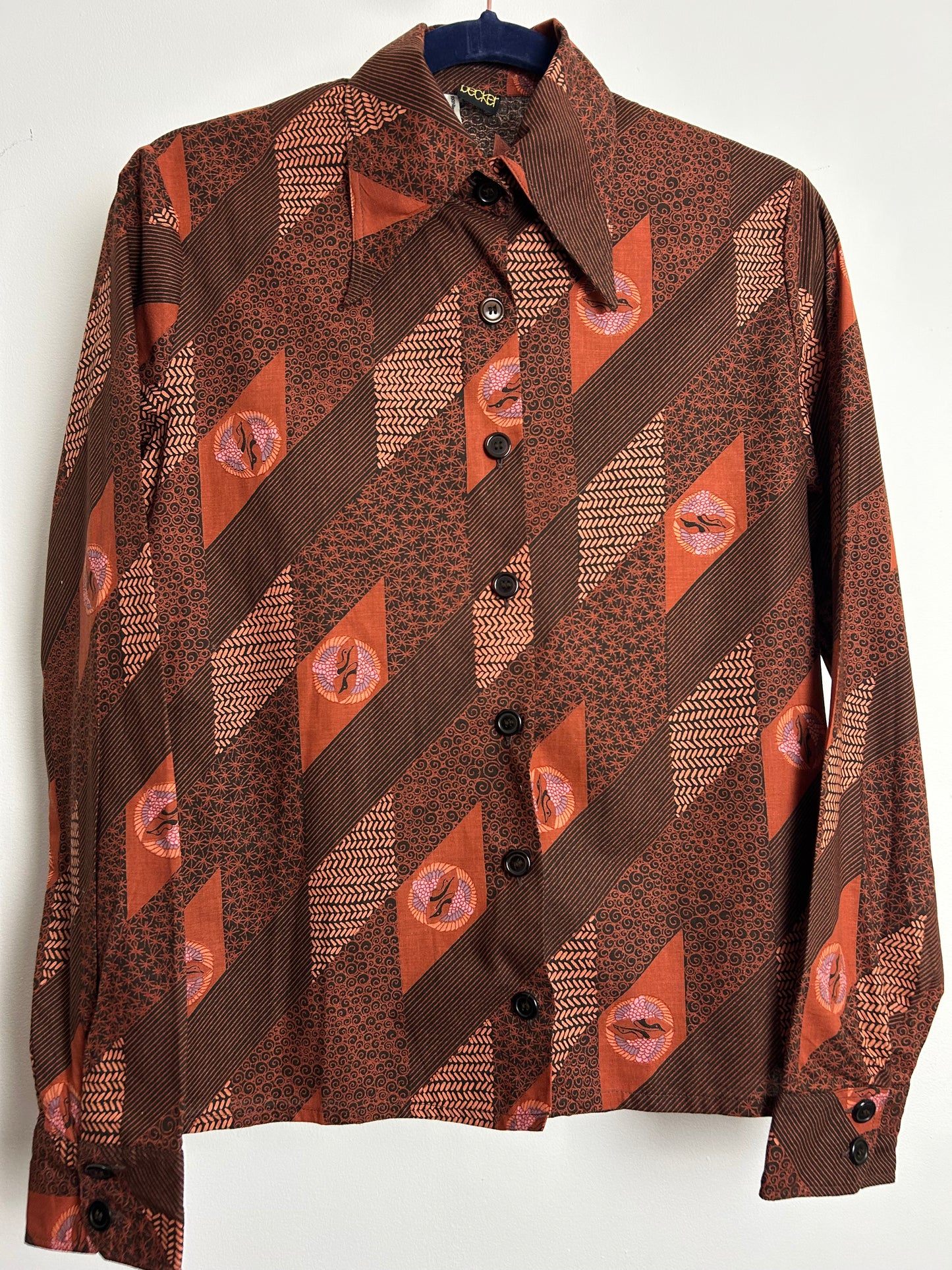 Vintage 1970s STUDIO BECKER Size 8-10 Brown Tones Abstract & Bird Print Cotton Shirt