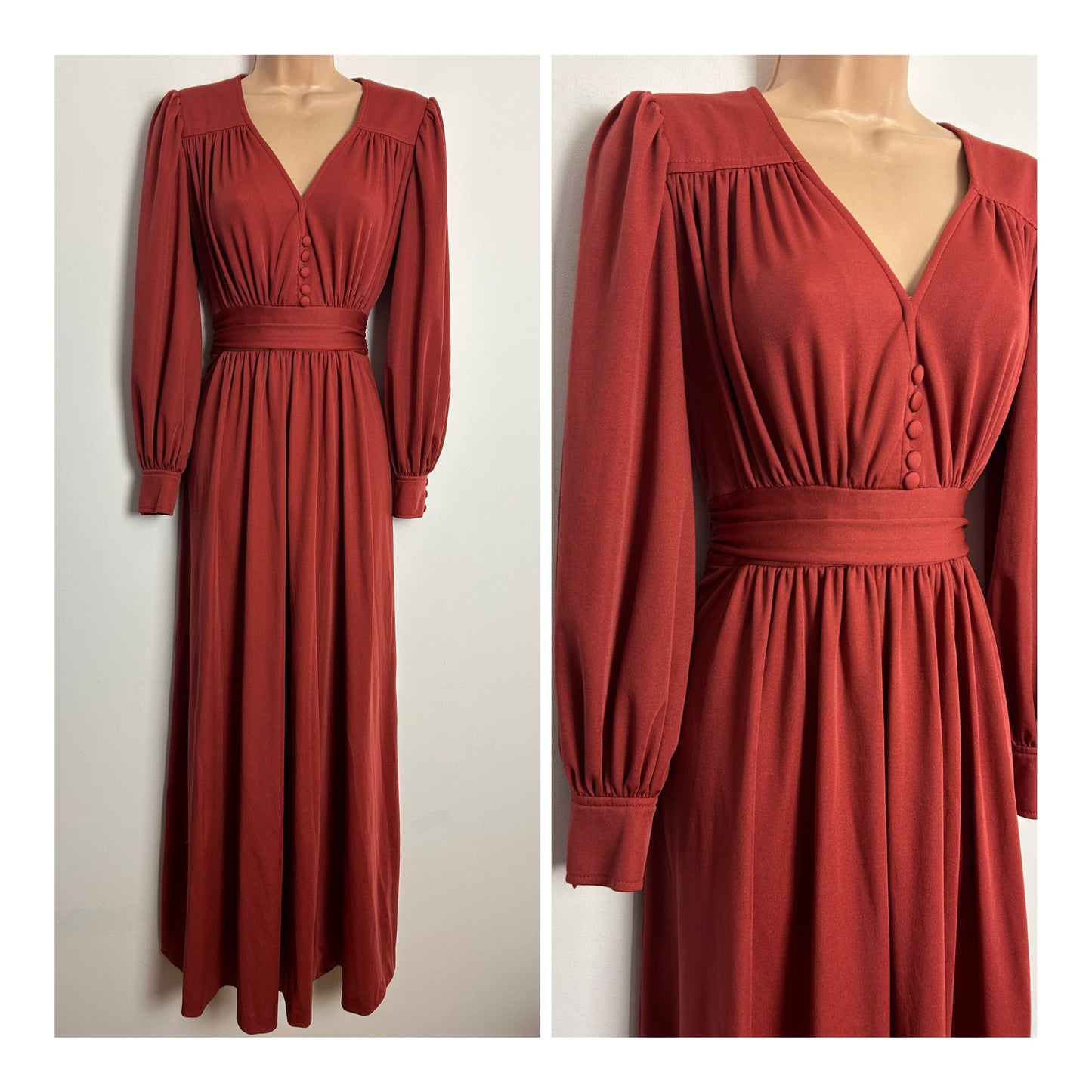 Vintage 1970s CREATION MADEMOISELLE UK Size 6-8 Terracotta Long Sleeve Gather Pleated Maxi Dress