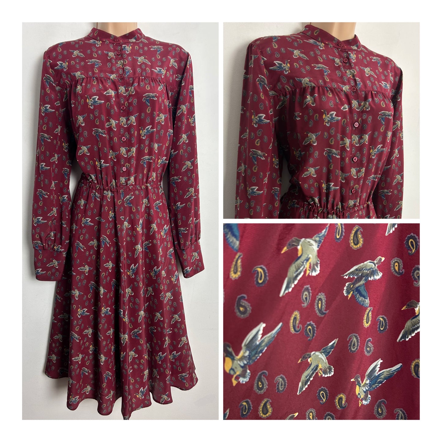 Vintage 1980s JEAN CLAIRE UK Size 14 Dark Red Novelty Duck & Paisley Print Long Sleeve Day Dress