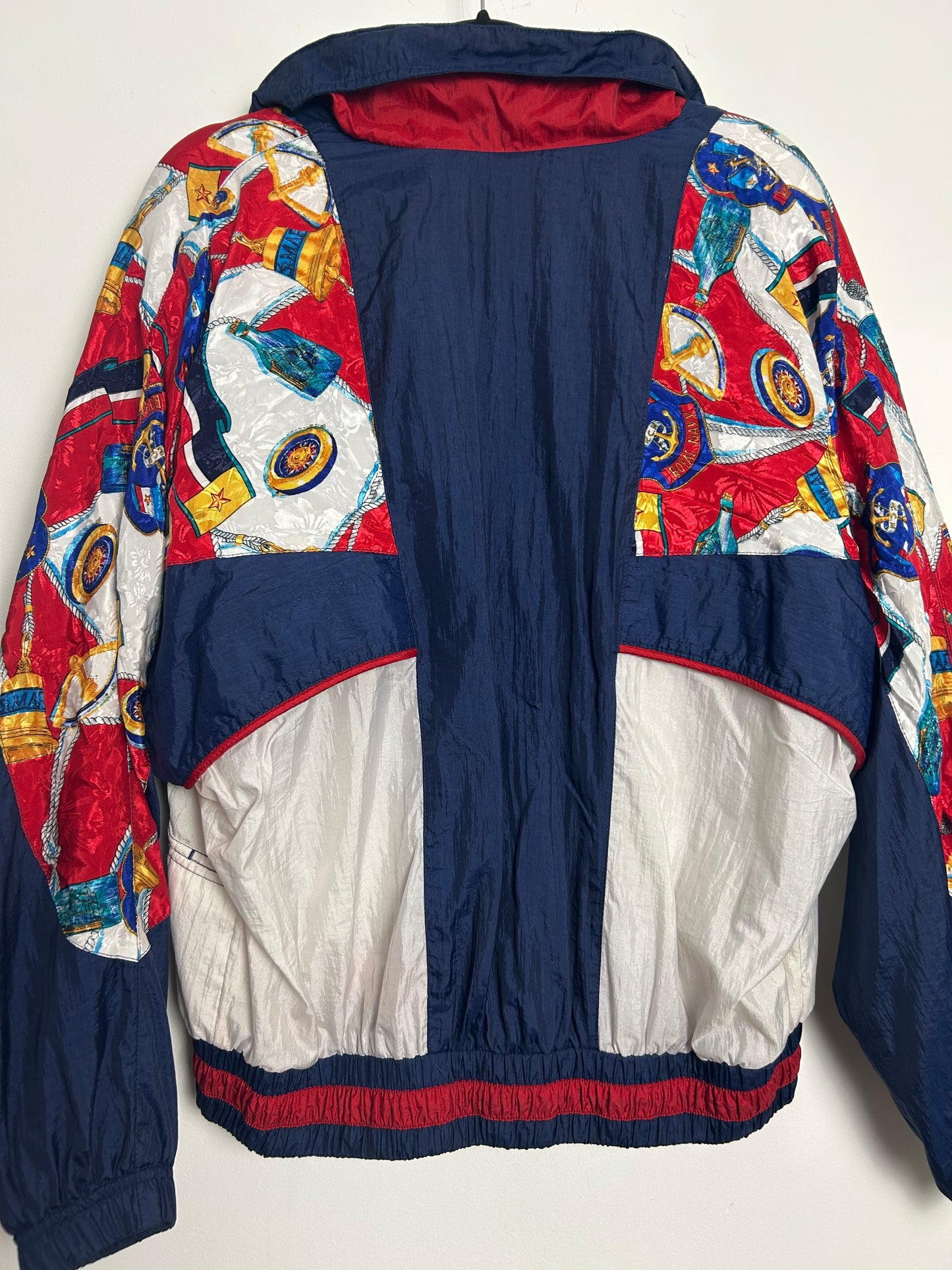 Vintage 1980s RIVER EDGE Size L (Up To Size 16) Blue White & Red Royal Navy Nautical Novelty Print Shell Jacket/Windbreaker