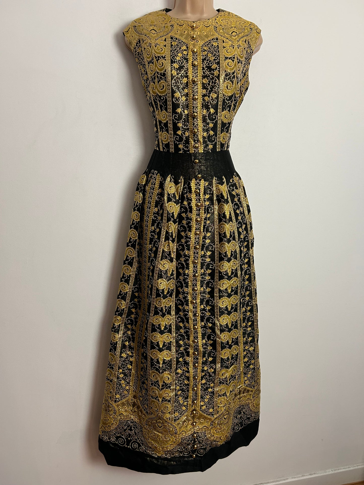 Vintage 1970s DWEIGLER MODELL UK Size 10 Stunning Black & Metallic Gold Brocade Christmas Evening Maxi Dress