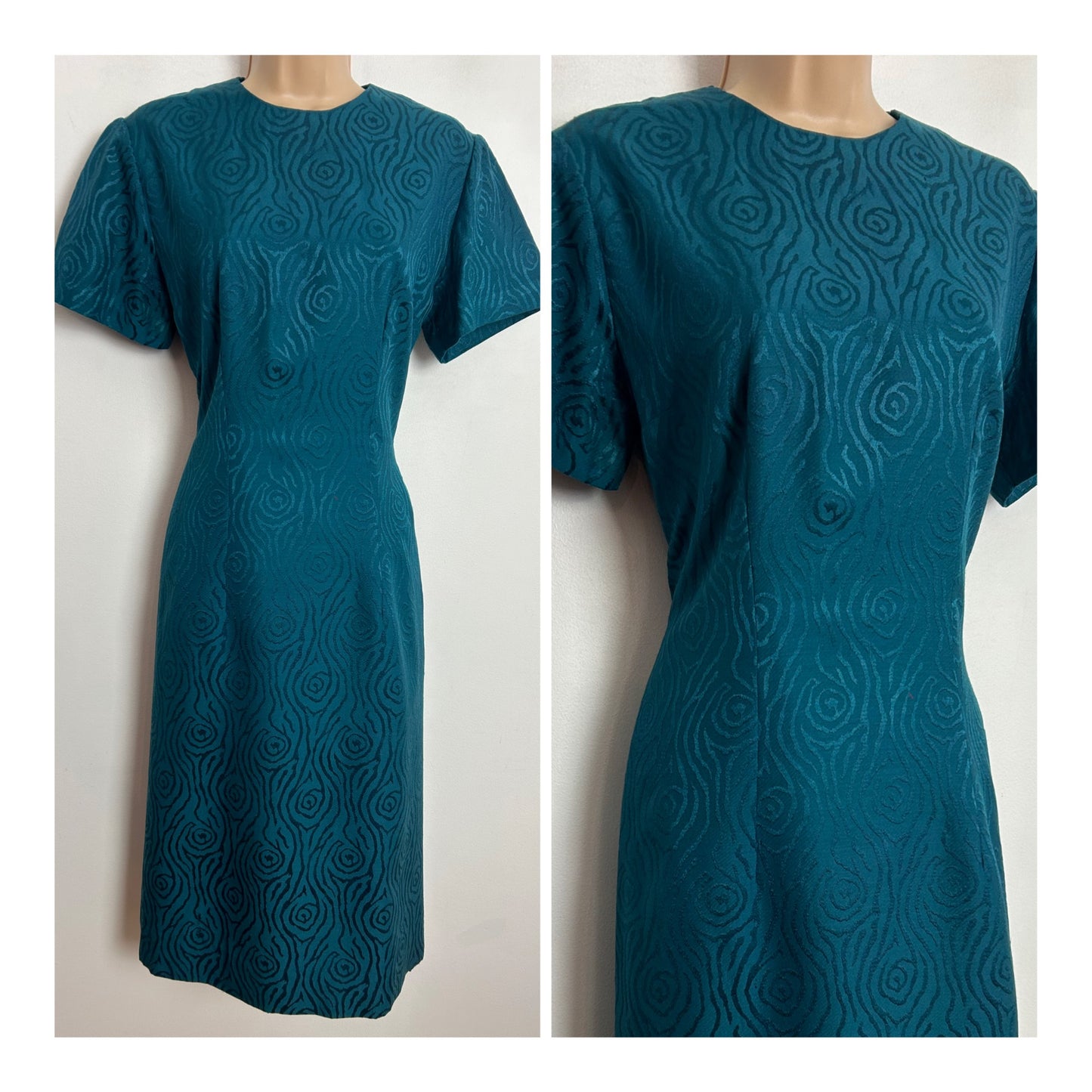 Vintage 1960s UK Size 12 Teal Metallic Abstract Pattern Short Sleeve Mod Shift Dress