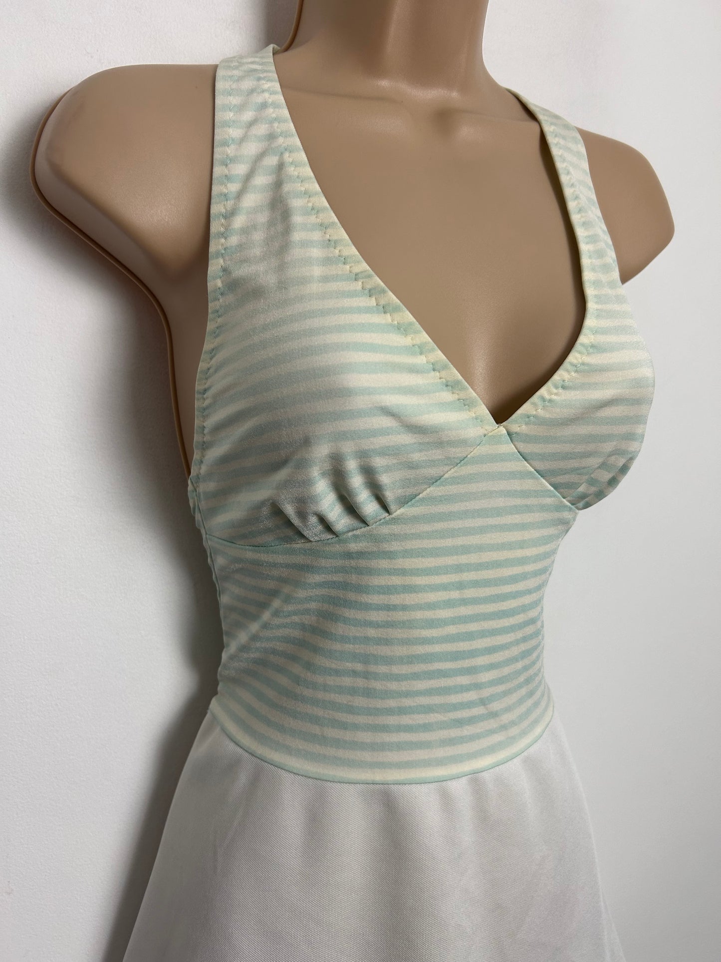 Vintage Early 1970s OLYMPIC Size 8-10 White Pale Blue & Cream Stripe Print Halterneck Tennis Or Swim Dress