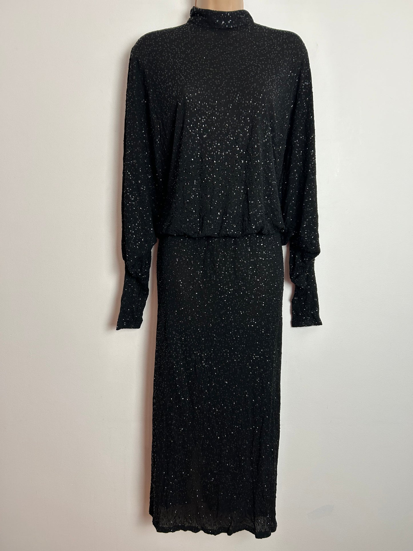Vintage 1980s WALLIS EXCLUSIVE UK Size 10 Black Sequin Long Bat Wing Sleeve Open Drape Back Evening Party Dress