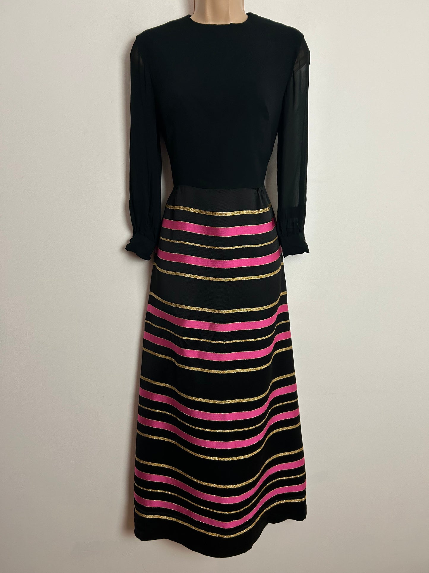 Vintage 1970s EASTEX UK Size 10 Black Pink & Gold Stripe Long Sleeve Occasion Evening Maxi Dress