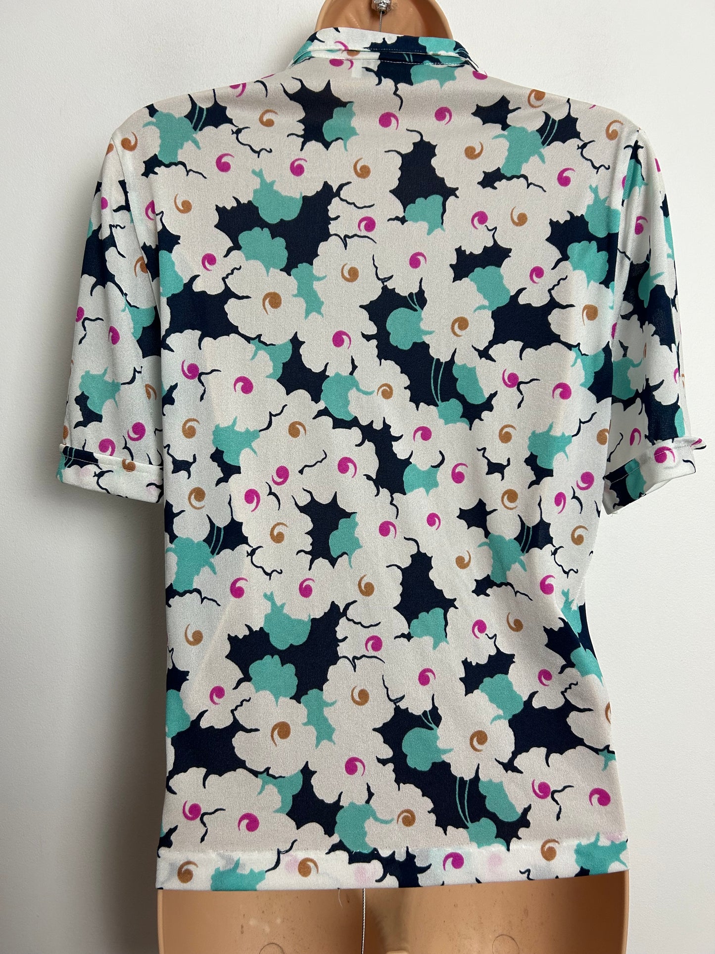 Vintage Early 1980s ORSETTO Italian UK Size 10-12 White Navy Blue & Mint Green Floral Print Short Sleeve Shirt