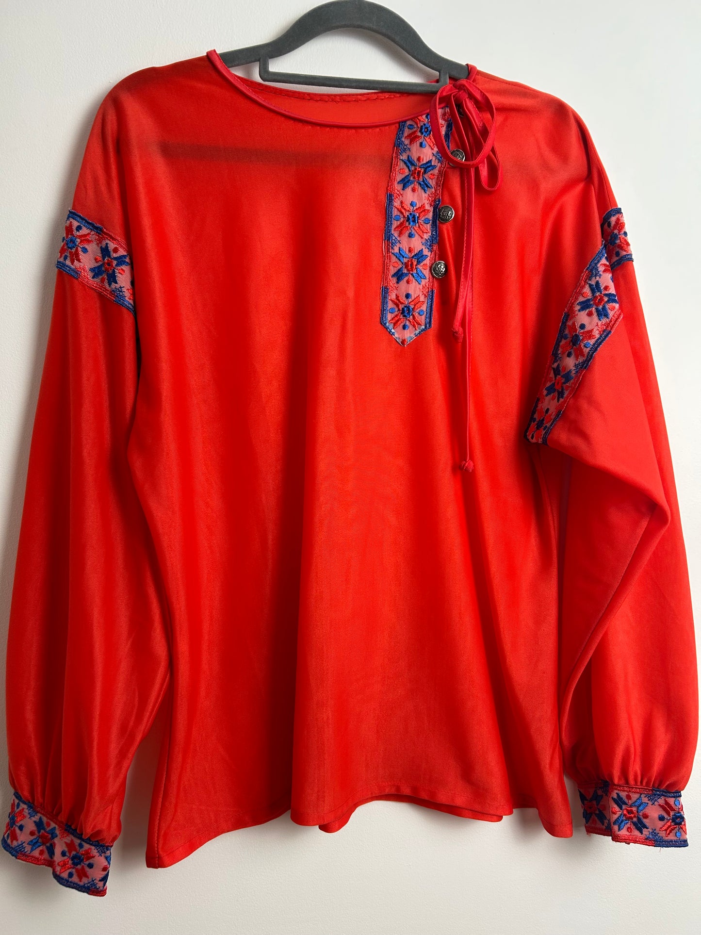 Vintage 1970s Size 12-14 Red Nylon Long Sleeve Embroidered Braid Detail Boho Top