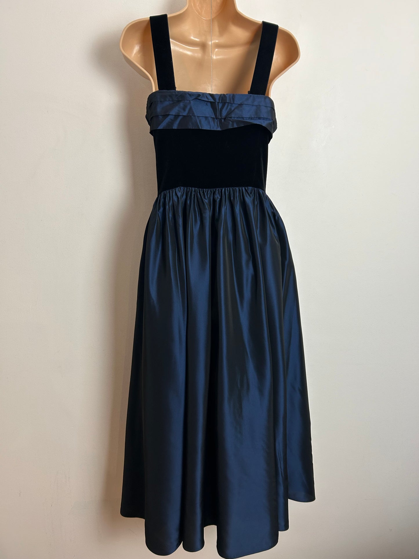Vintage 1980s LAURA ASHLEY UK Size 10-12 ( Size 16 On Label) Midnight Blue & Black Party Dress