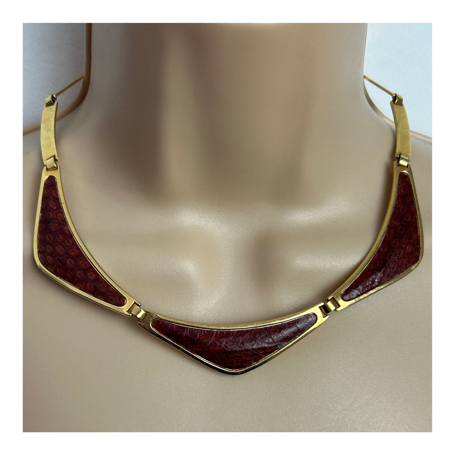 Vintage Gold Tone & Brick Red Faux Reptile Skin Panelled Choker Necklace
