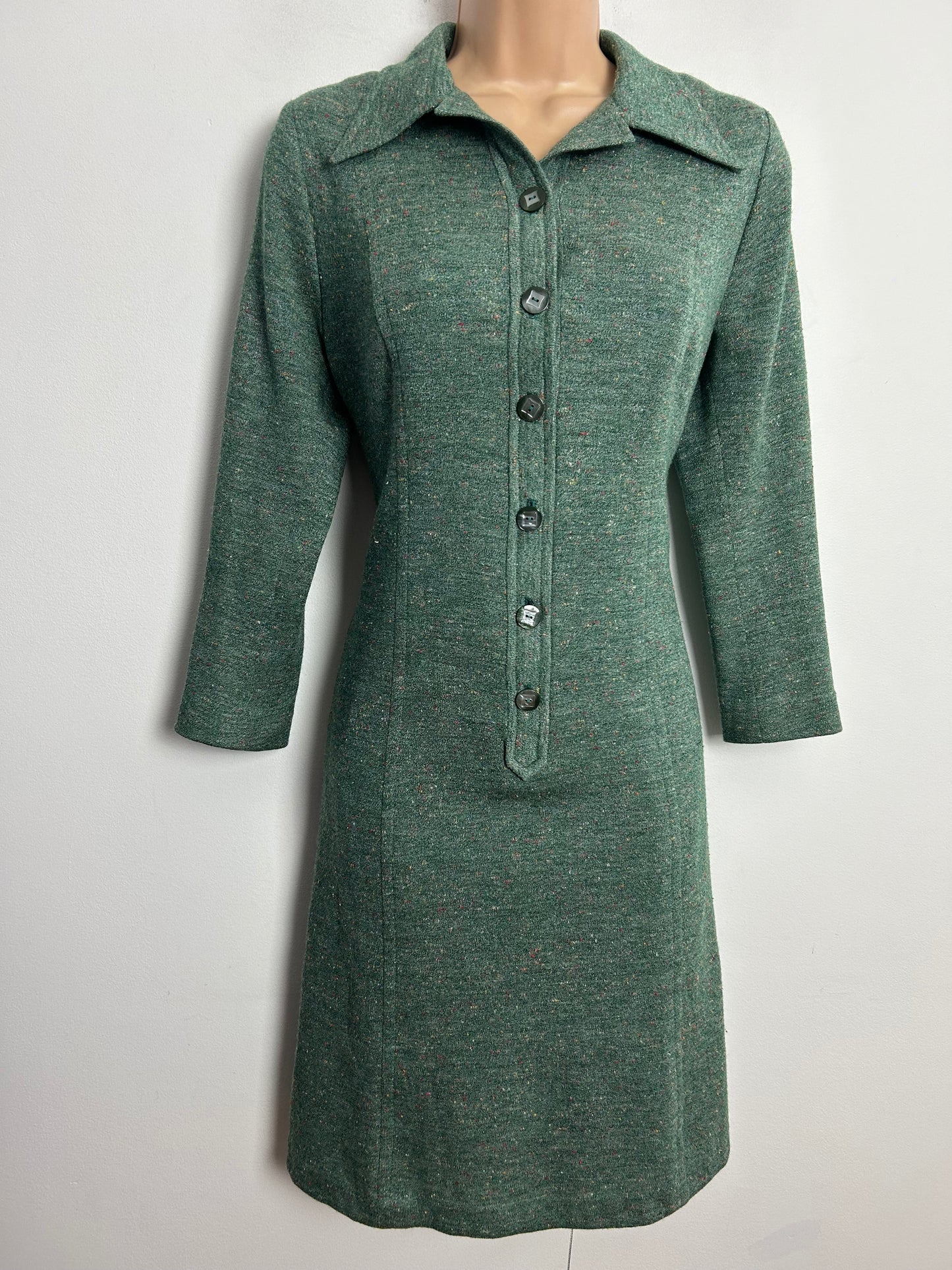 Vintage 1970s UK Size 12 Green Fleck Mod Long Sleeve Wool Jersey Day Dress