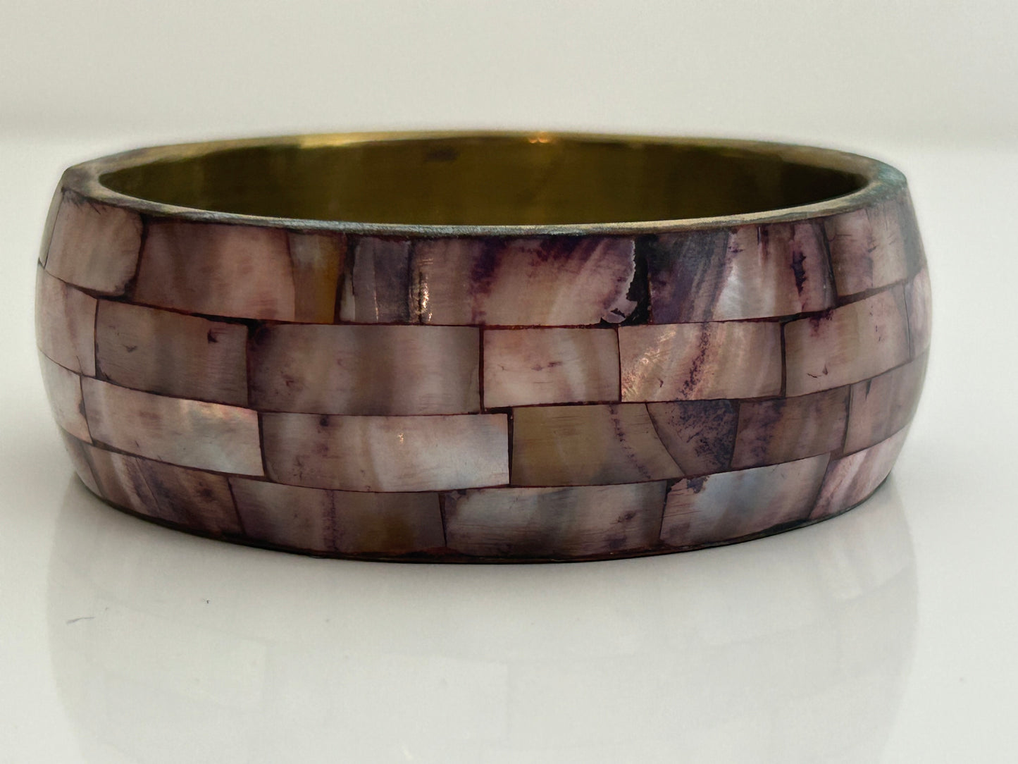 Vintage 1980s Gorgeous Brass With Pink Mother Of Pearl Set Wide Bangle