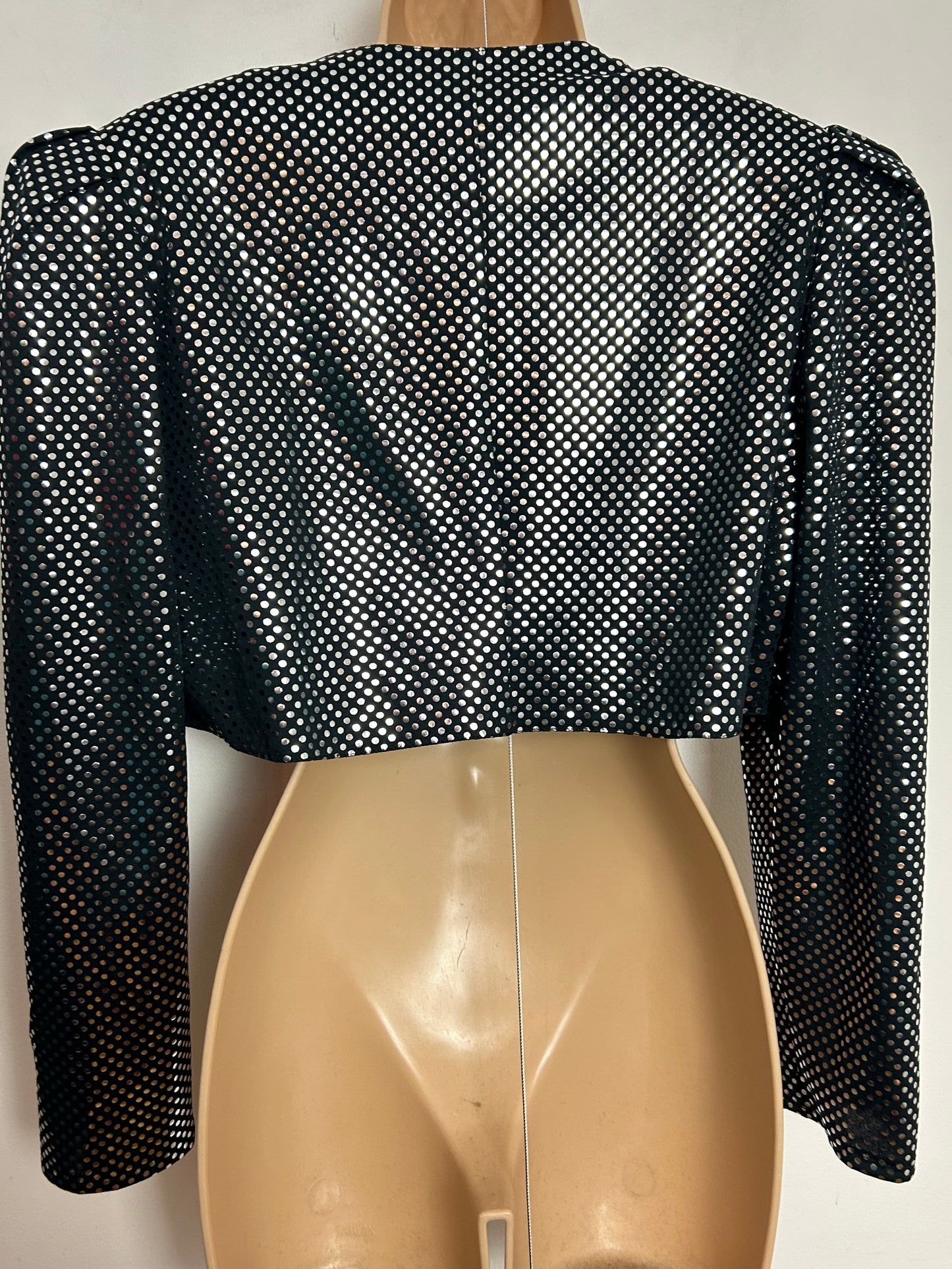 Vintage 1980s PM STYLE UK Size 12-14 Black & Metallic Silver Polka Dots Long Sleeve Bolero Cover Up