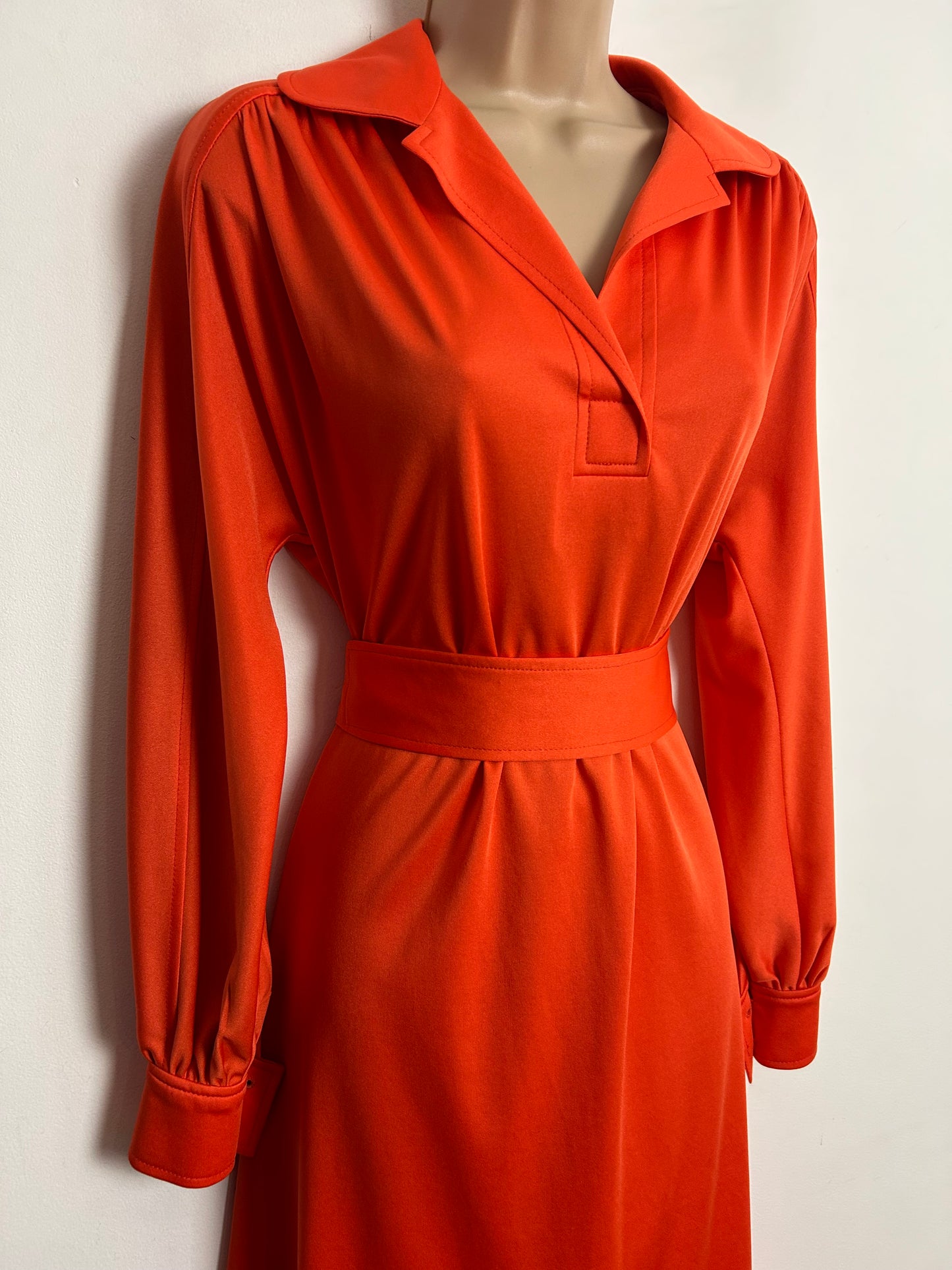 Vintage 1970s WIBOR UK Size 14 Tangerine Orange Long Sleeve Belted Day Dress