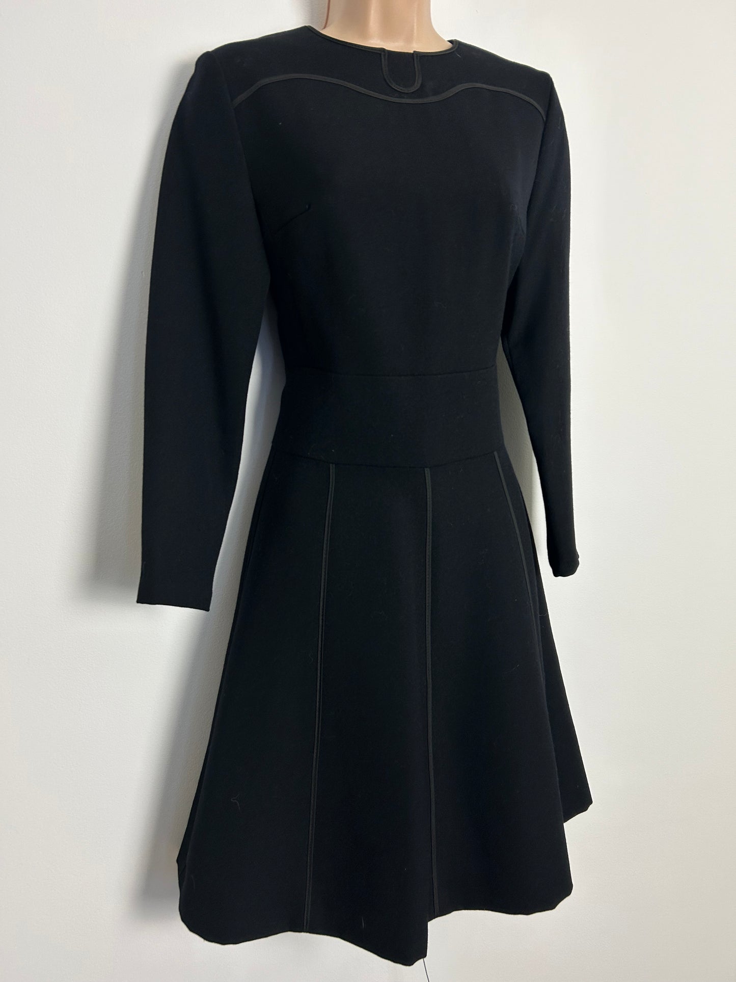 Vintage 1960s EIN FINK MODELL UK Size 6-8 Black Pure New Wool Braid Detail Long Sleeve Mod Dress