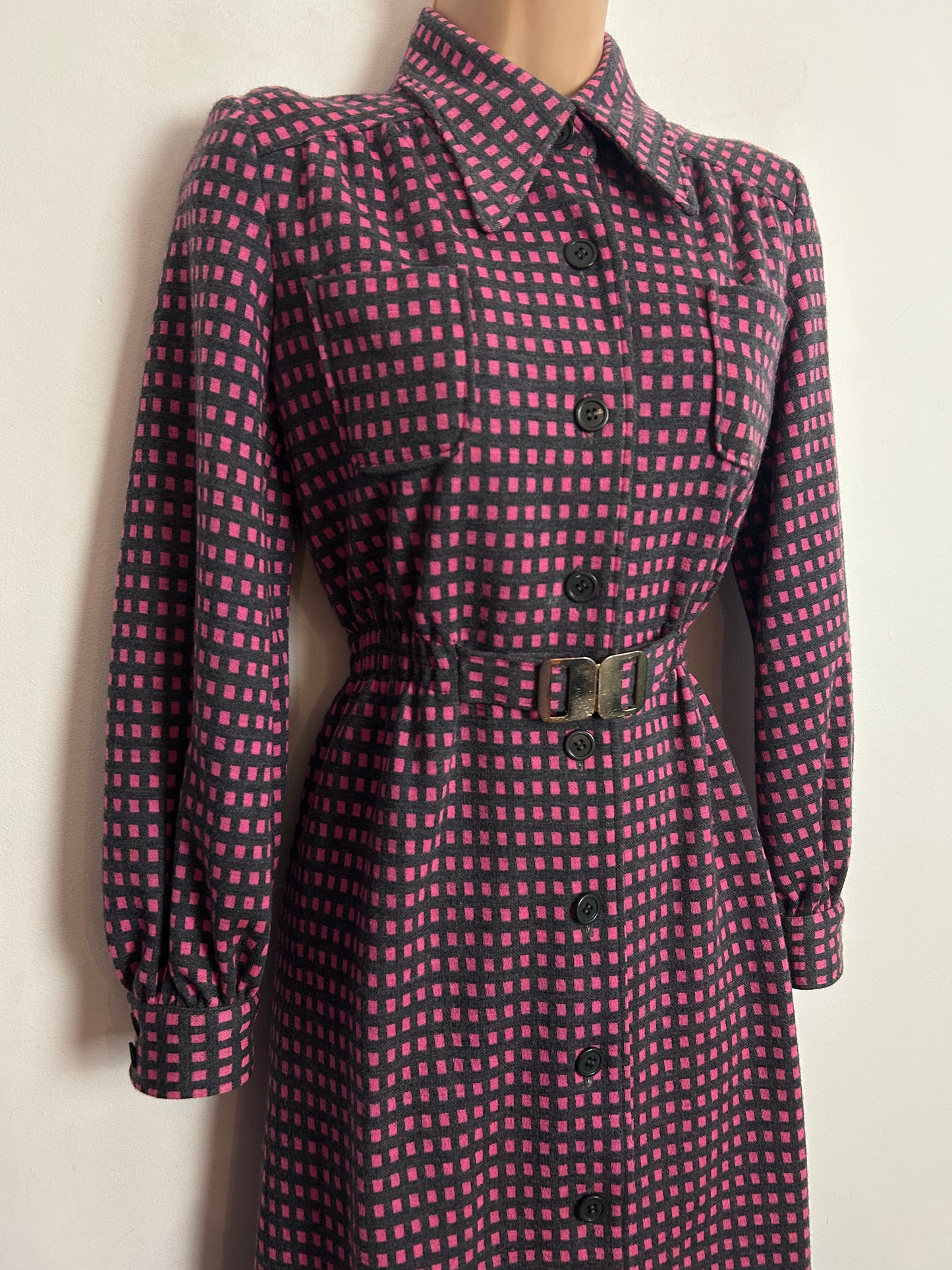 Vintage 1970s UK Size 12 Grey & Pink Check Wool Mix Buckle Waist Long Sleeve Day Dress