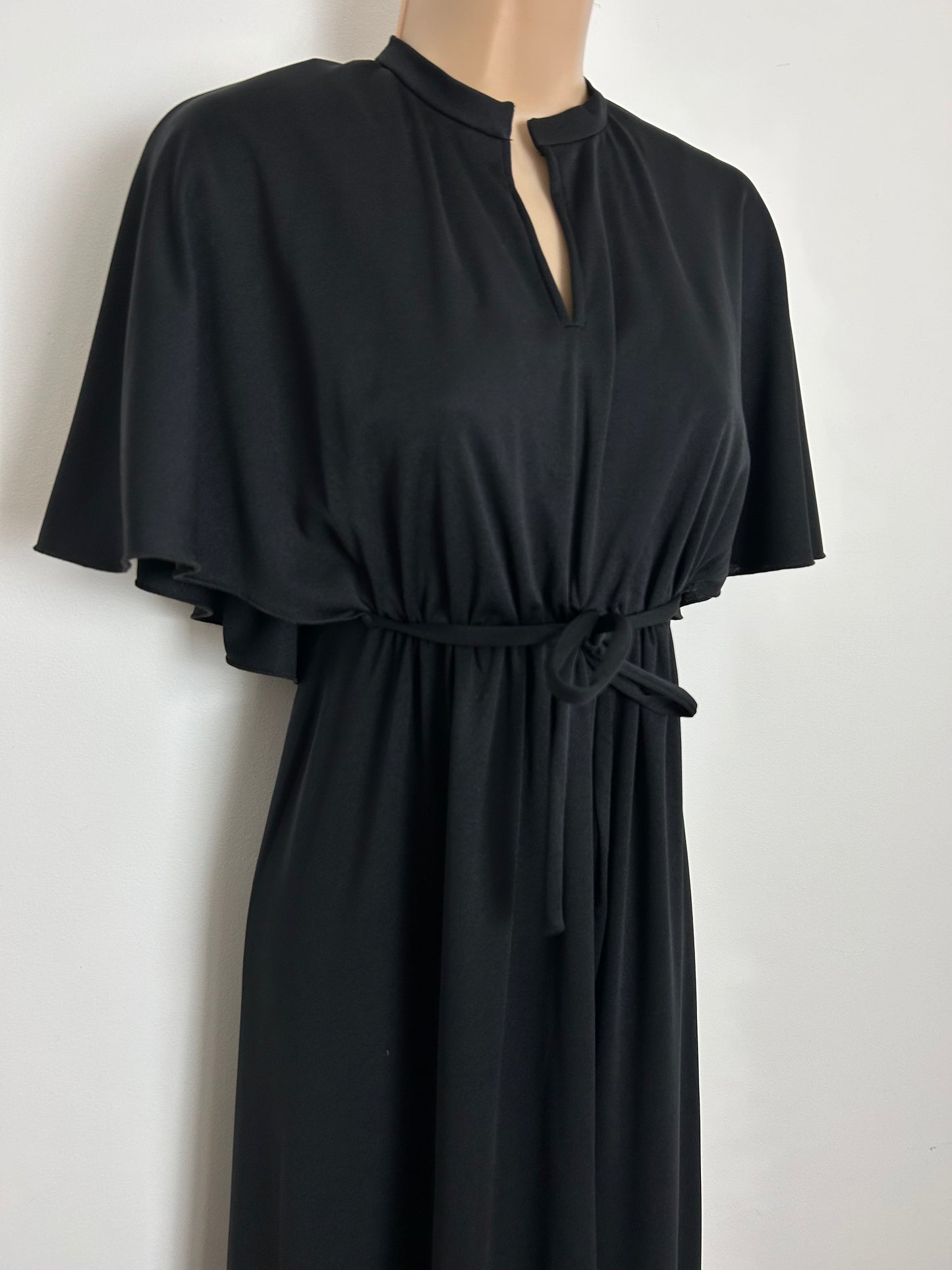 Vintage 1970s KATI AT LAURA PHILLIPS Size 10 Black Flutter Cape Sleeve Empire Line Maxi Dress
