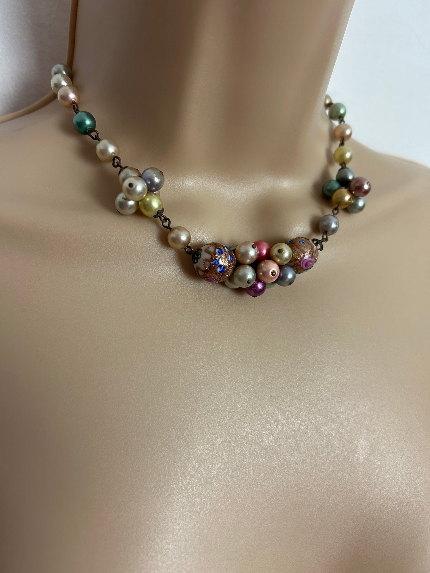 Vintage Venetian Murano Pink Blue & White Coated Glass Wedding Cake Lamp Work Beaded Necklace