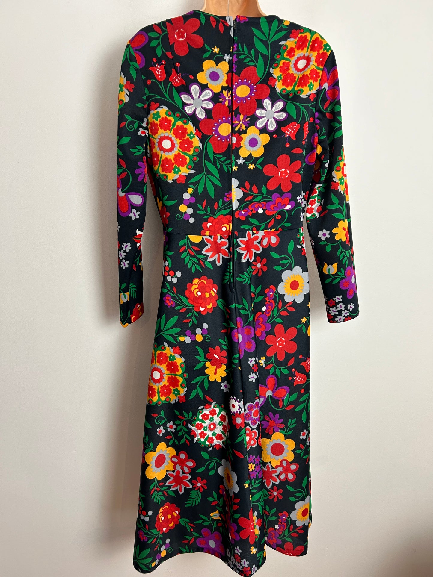 Vintage 1970s UK size 14 Black Vibrant Red Orange Purple Green Mix Floral Print Long Sleeve Mid Length Dress