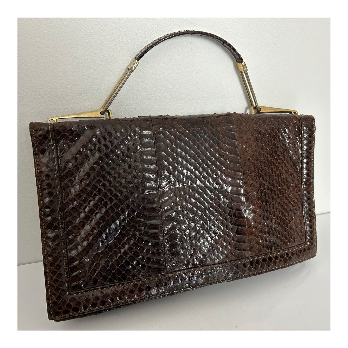 Vintage 1970s Italian Brown Reptile Leather Handbag With Removable Shoulder Strap