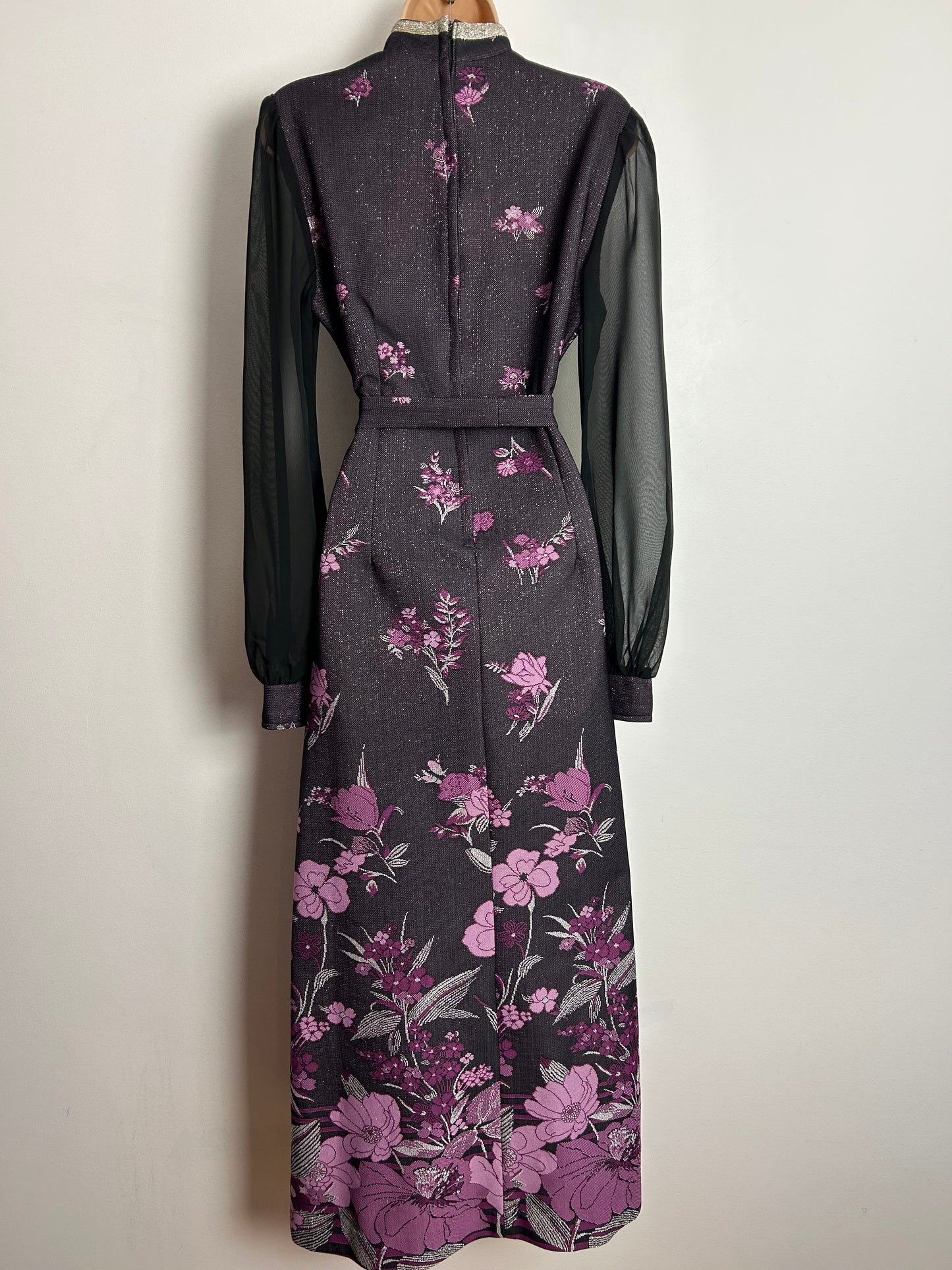 Vintage 1970s UK Size 12 Black Purple Pink & Silver Lurex Floral Print Long Sleeve Belted Occasion Evening Maxi Dress