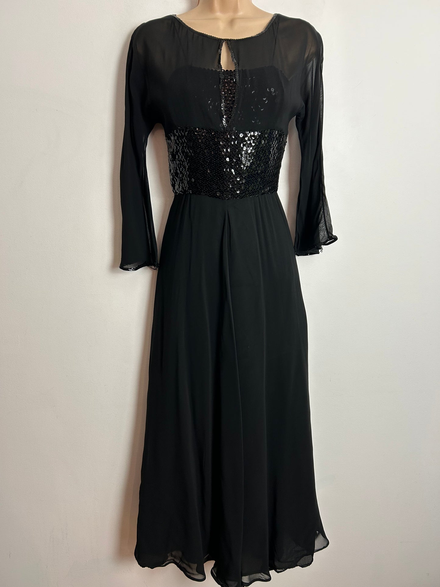 Vintage 1970s UK Size 6 Black Sequin Embellished Illusion Neck Evening Dress