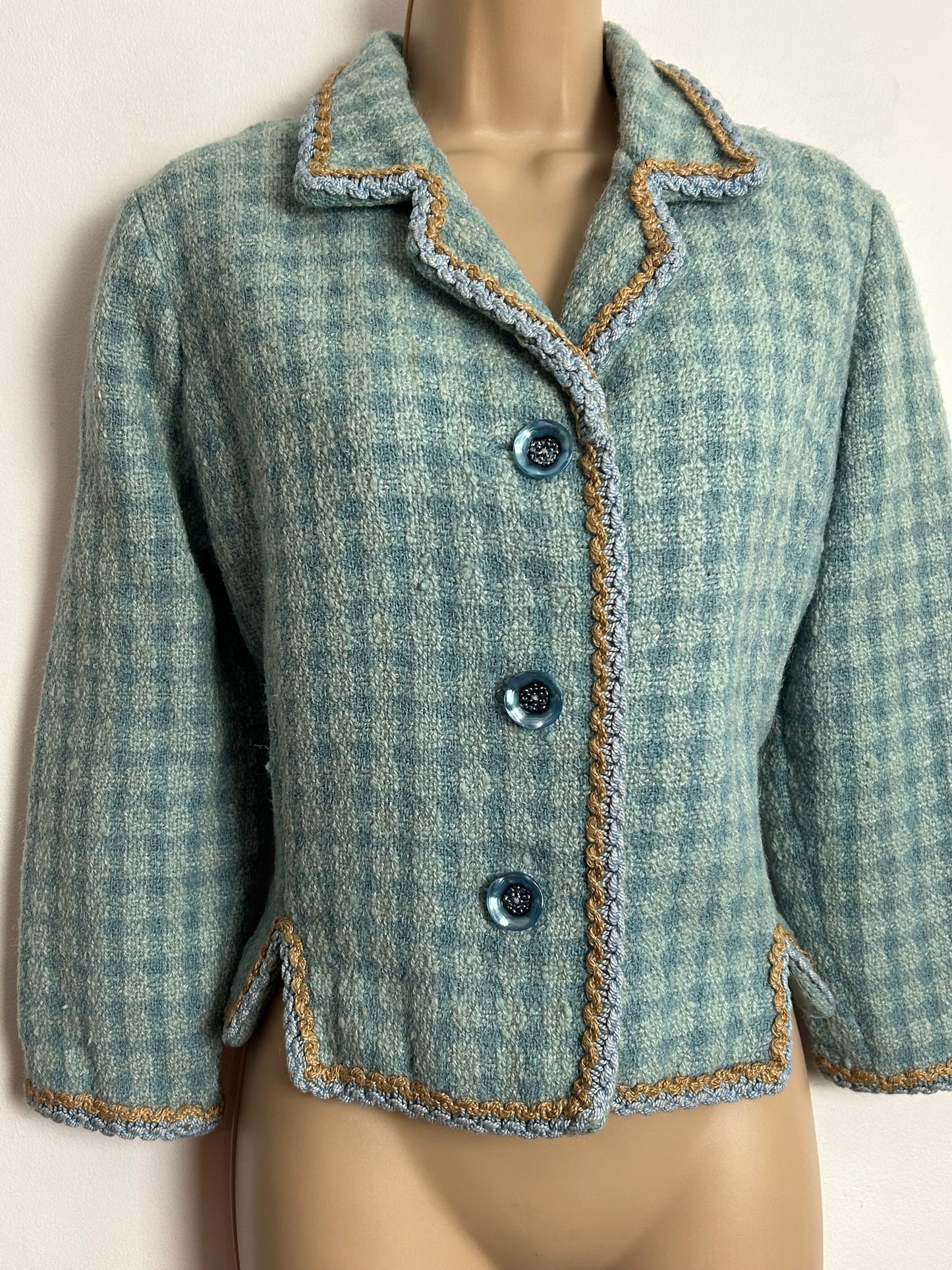 Vintage 1960s UK Size 12-14 Blue Tones Check Wool Mix Braid Trim Fully Lined Boucle Jacket