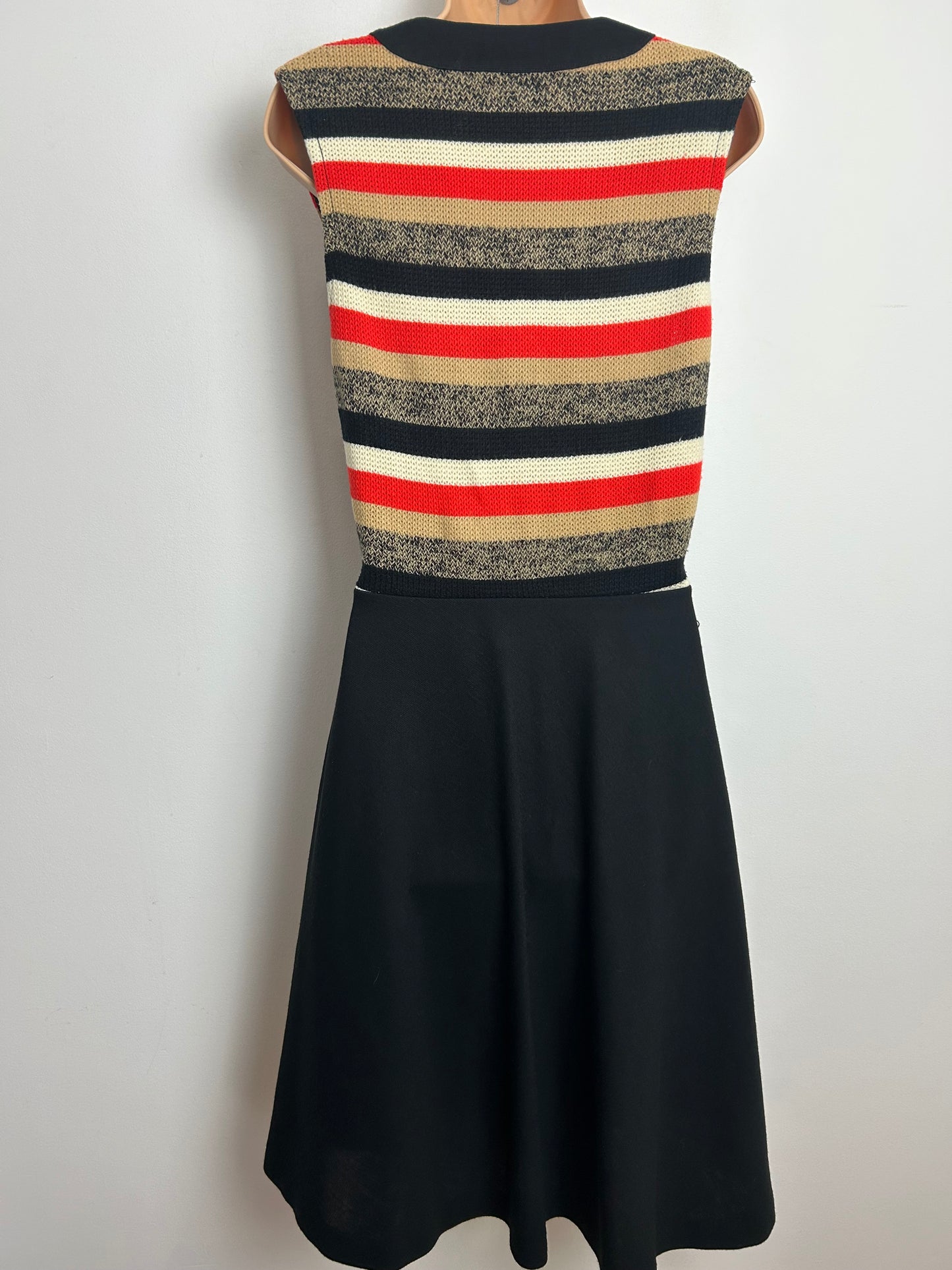 Vintage 1960s ST MICHAEL Size 12 Black Red Beige & White Stripe Print Sleeveless Mod Dress