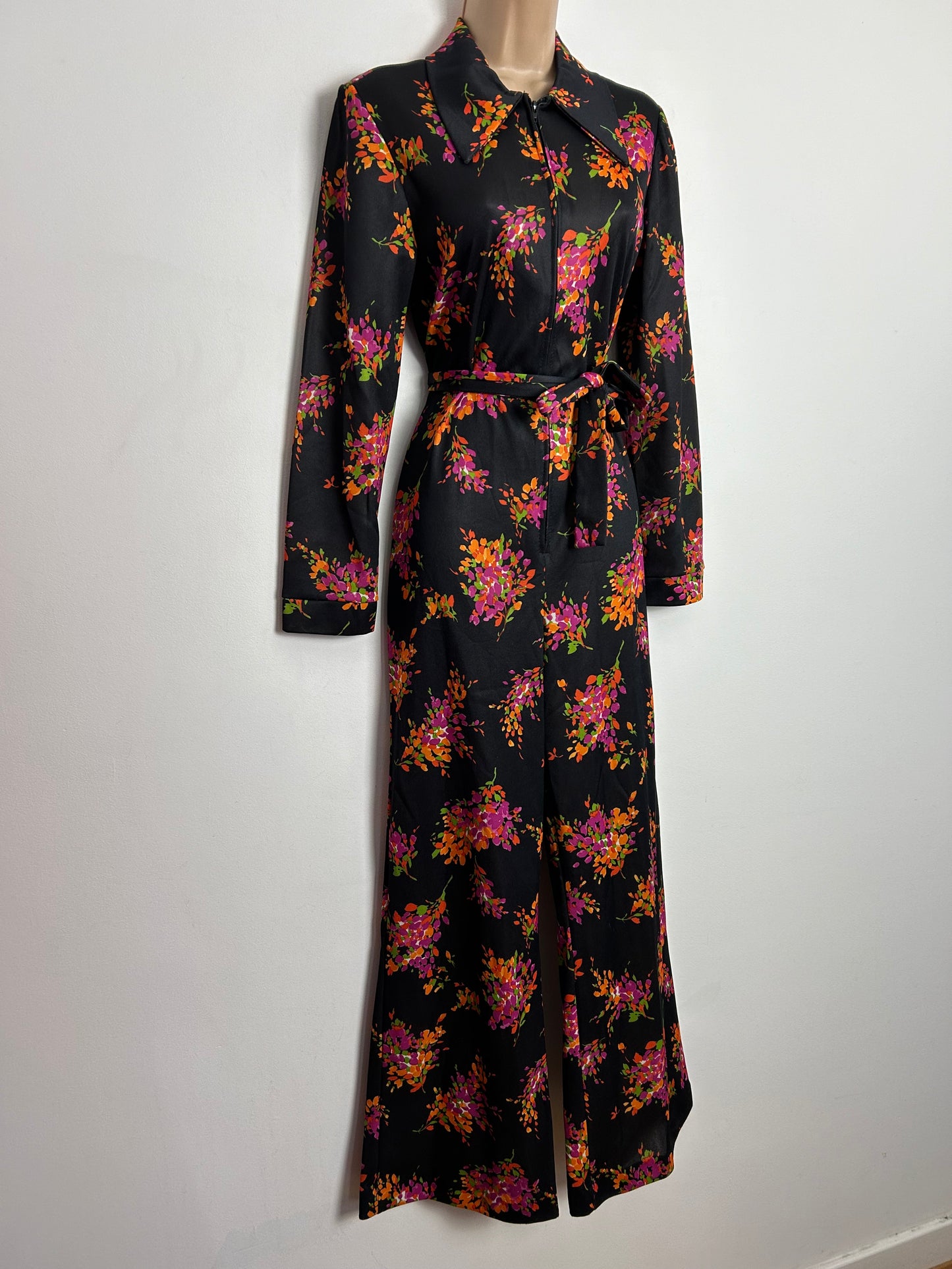 Vintage 1970s UK Size 10-12 Black Orange & Pink Floral Print Wide Leg Belted Jumpsuit