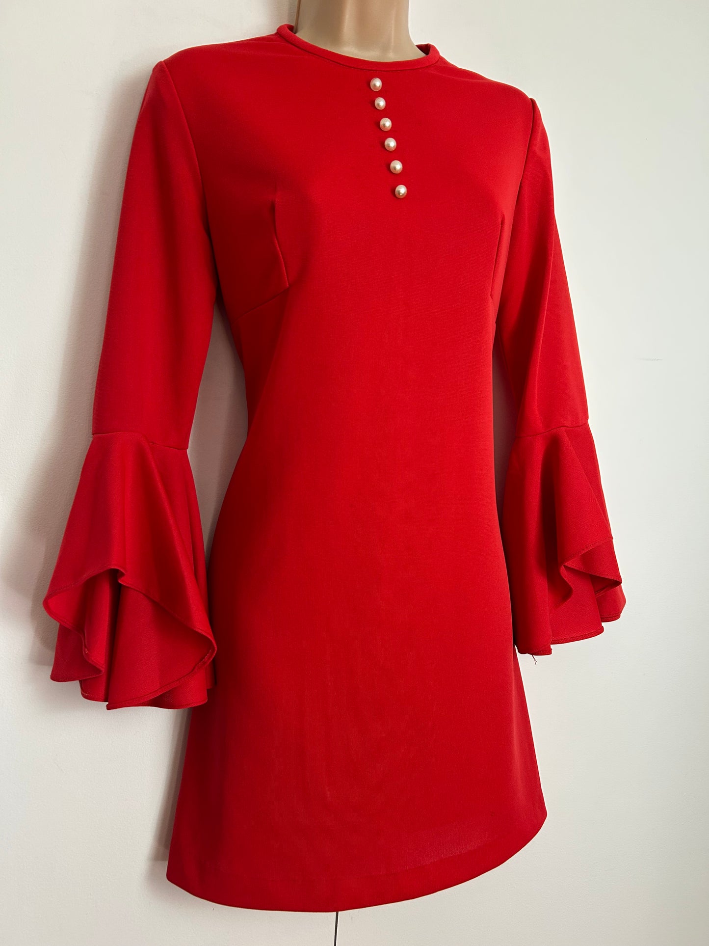 Vintage 1960s Size 8 Red Long Flared Trumpet Sleeve Mini Mod Shift Dress