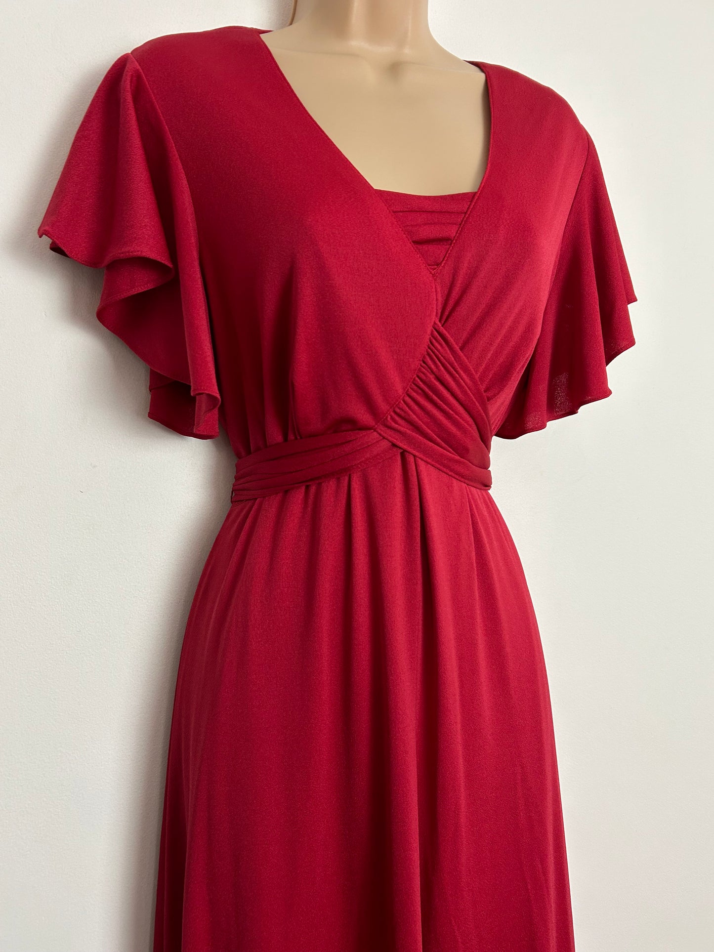 Vintage 1970s UK Size 16 Red Short Flutter Sleeve Mock Wrap Tie Back Boho Maxi Dress