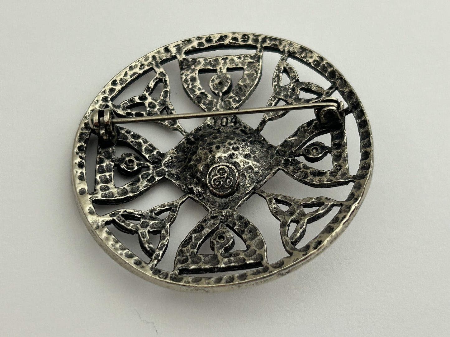 Vintage Celtic Scottish Silver Celtic Knot Stamped Purple Stone Set Round Brooch