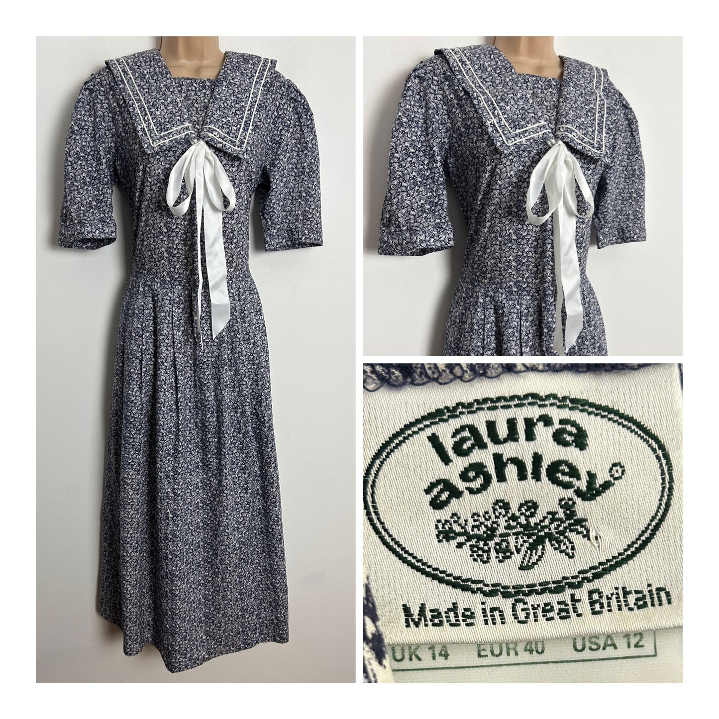 Vintage 1980s LAURA ASHLEY Size 14 Navy Blue & White Floral 100% Cotton Sailor Collar Bow Detail Midi Dress