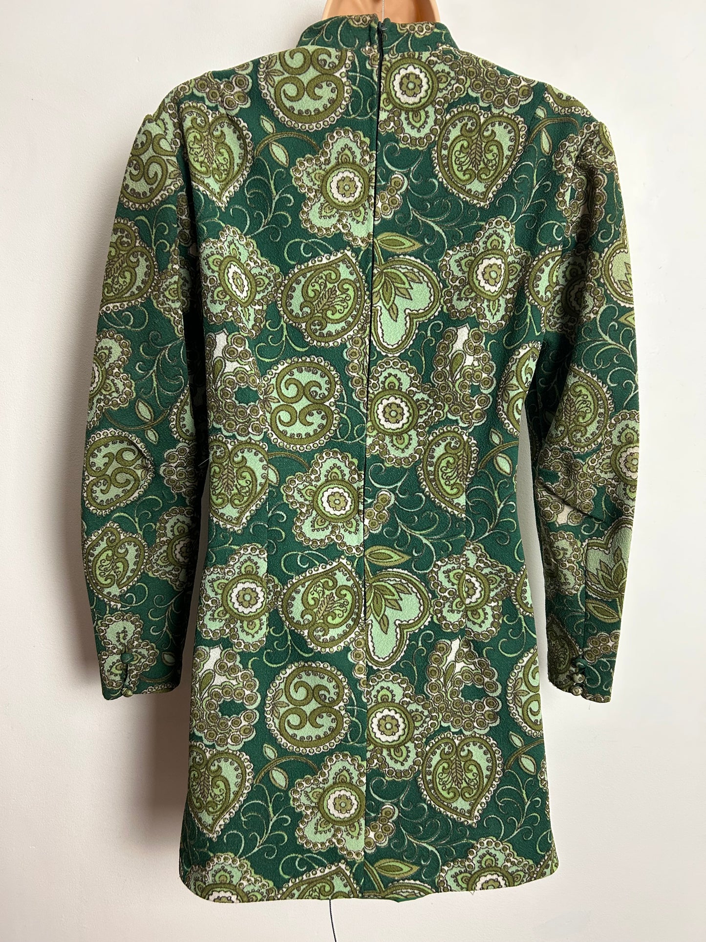 Vintage 1960s UK Size 12-14 Green Tones Floral Print Crimplene Mini Mod Shift Dress