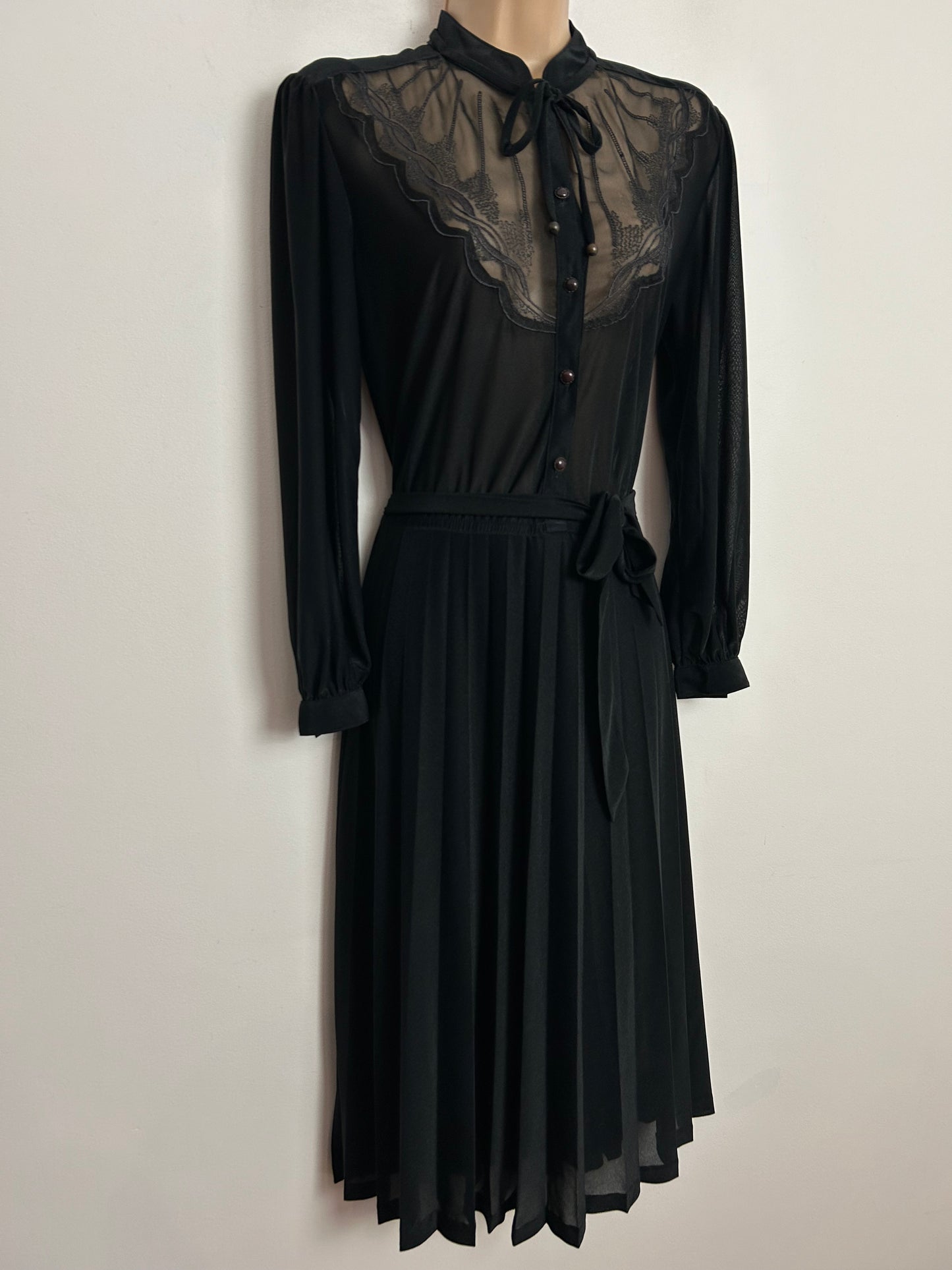 Vintage 1980s GARBO UK Size 12-14 Black Embroidered Semi Sheer Applique Detail Belted Pleated Day Dress