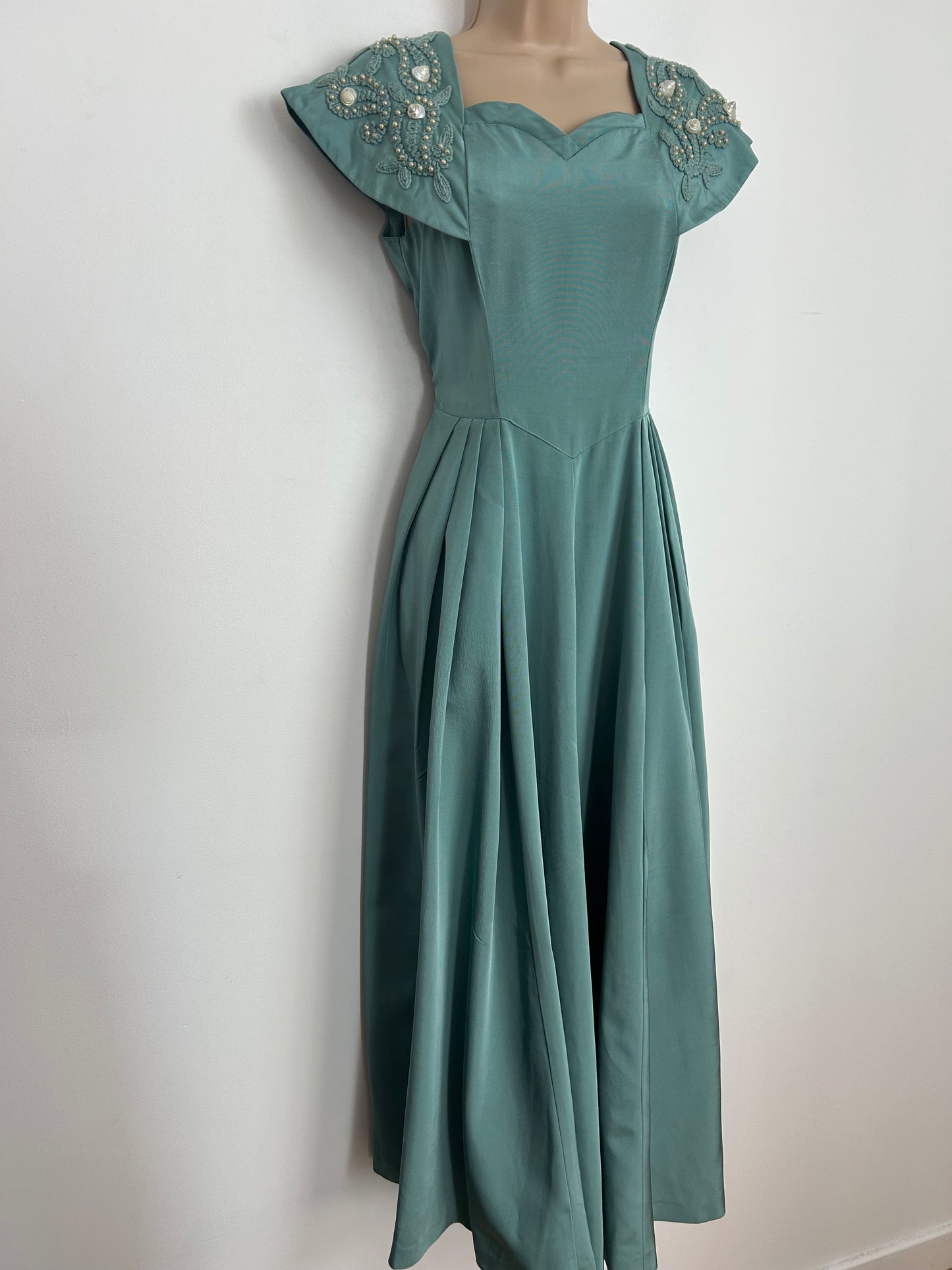 Vintage 1940s Size 10-12 Beautiful Duck Egg Blue Gaberdine Braid Bead & Shell Embellished Pleated Ballgown